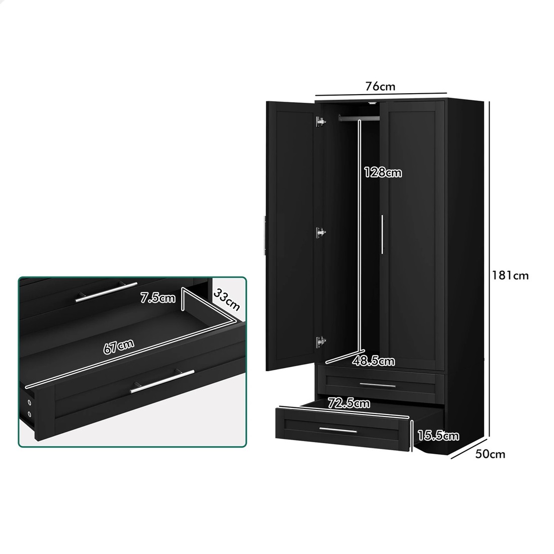 9 Alfordson Wardrobe Clothes Storage Cabinet Organizer Drawer Hanging Rod - Black, 9 of 10