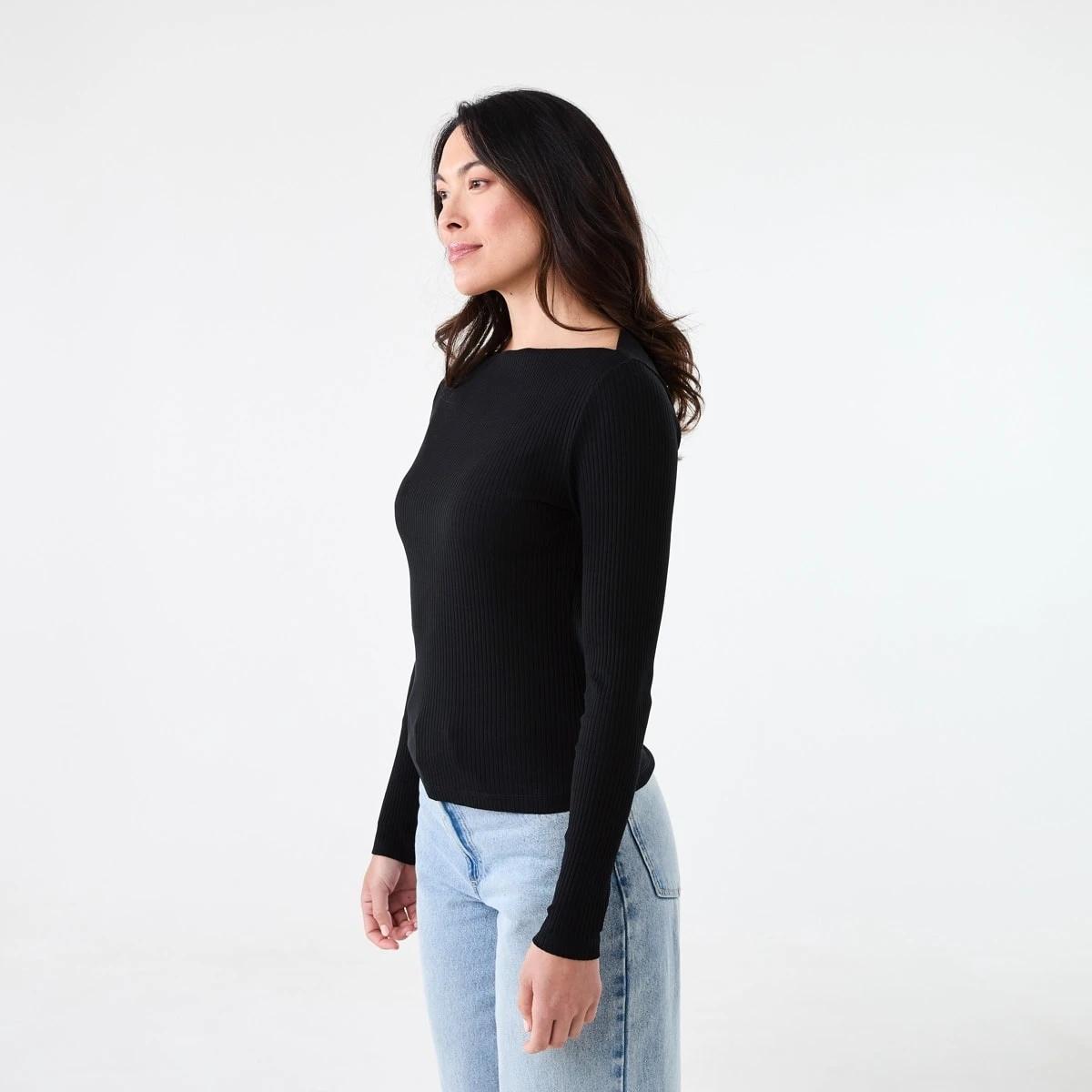 2 Long Sleeve Rib Boat Neck Top Black, 2 of 5