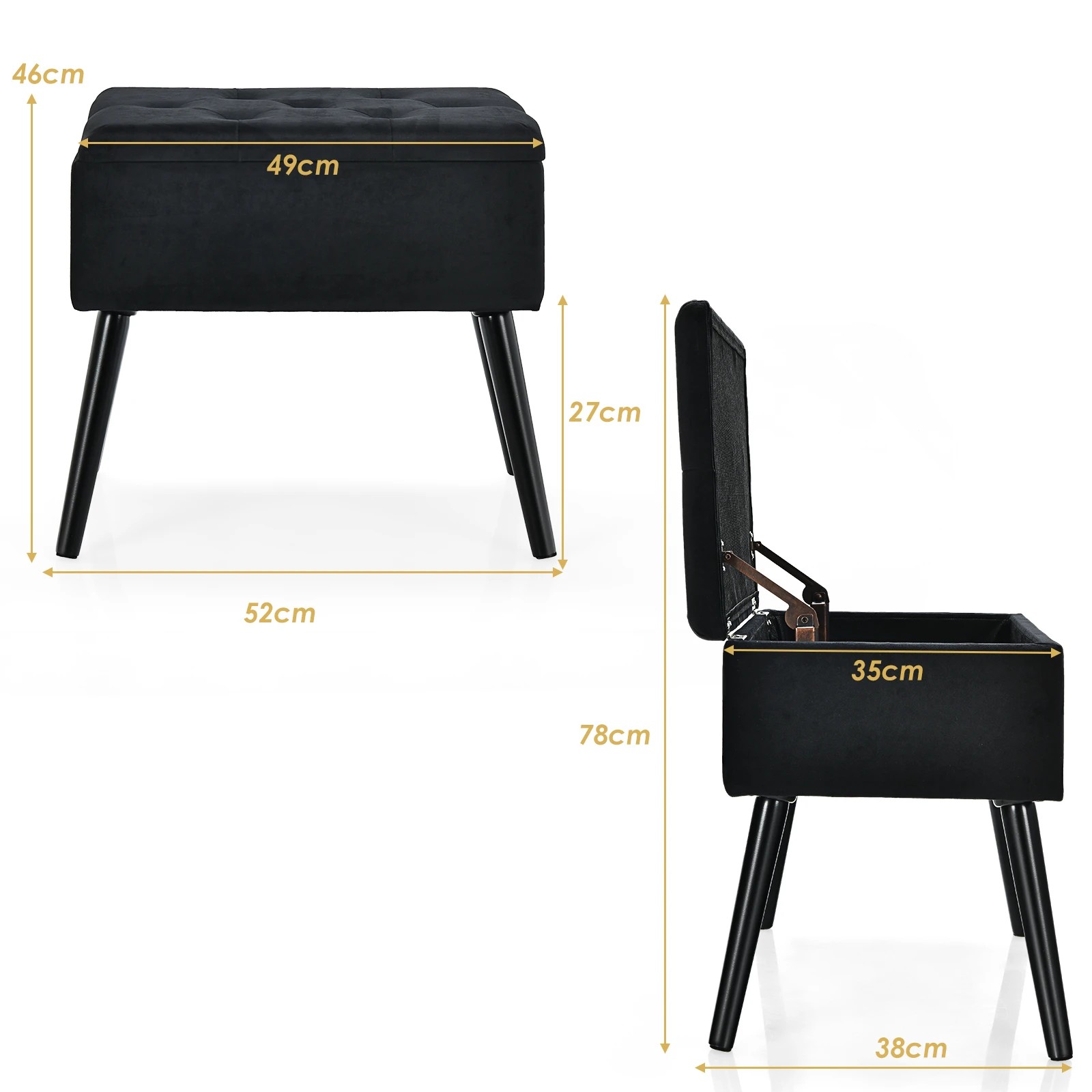 4 Costway Storage Bench Ottoman Padded Stool Seat Fabric Bench Footrest Toy Blanket Box Wood Leg - Black, 4 of 4
