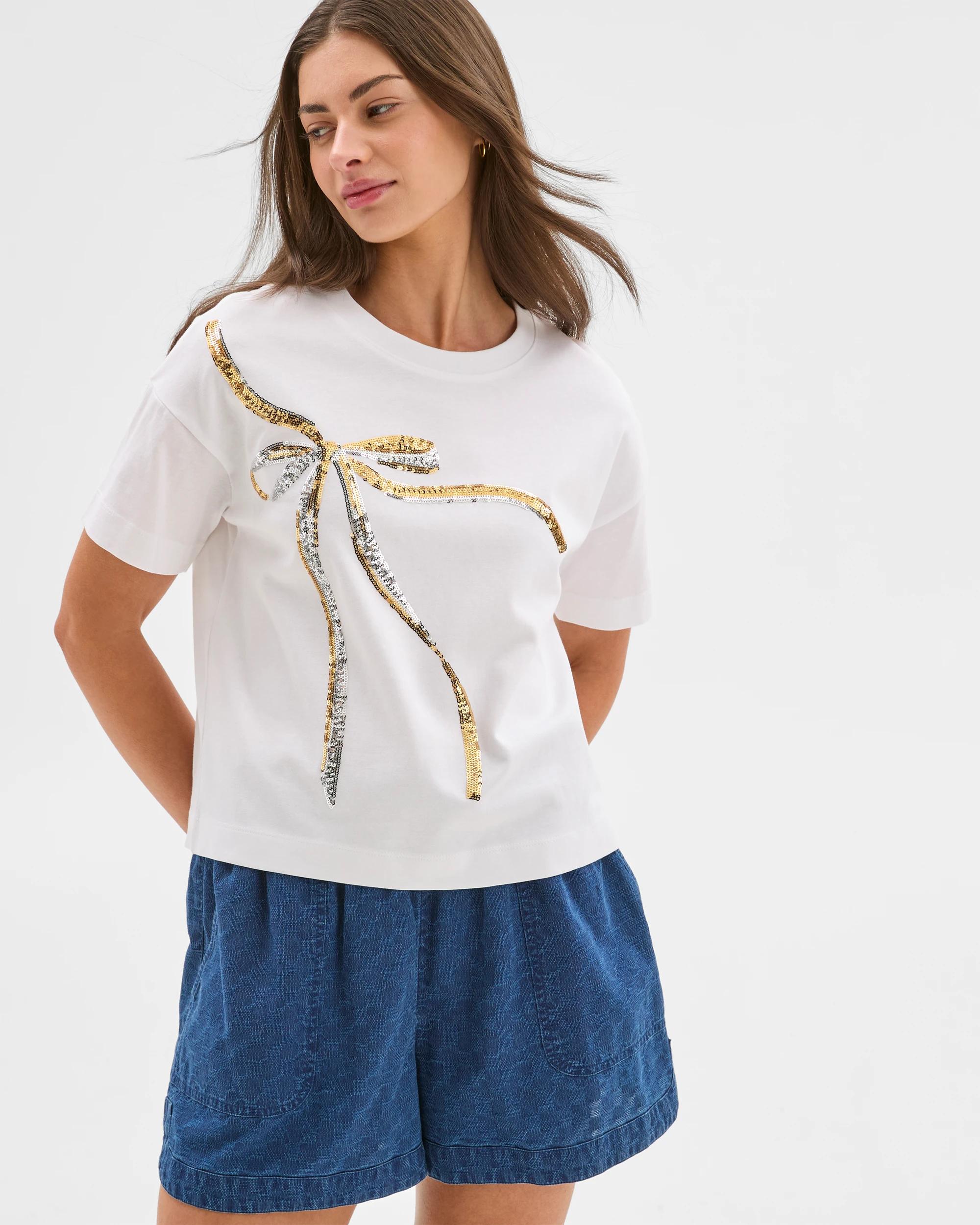 2 Target Petites Australian Cotton Boxy Cropped T-shirt WHITE/SEQUIN BOW, 2 of 6