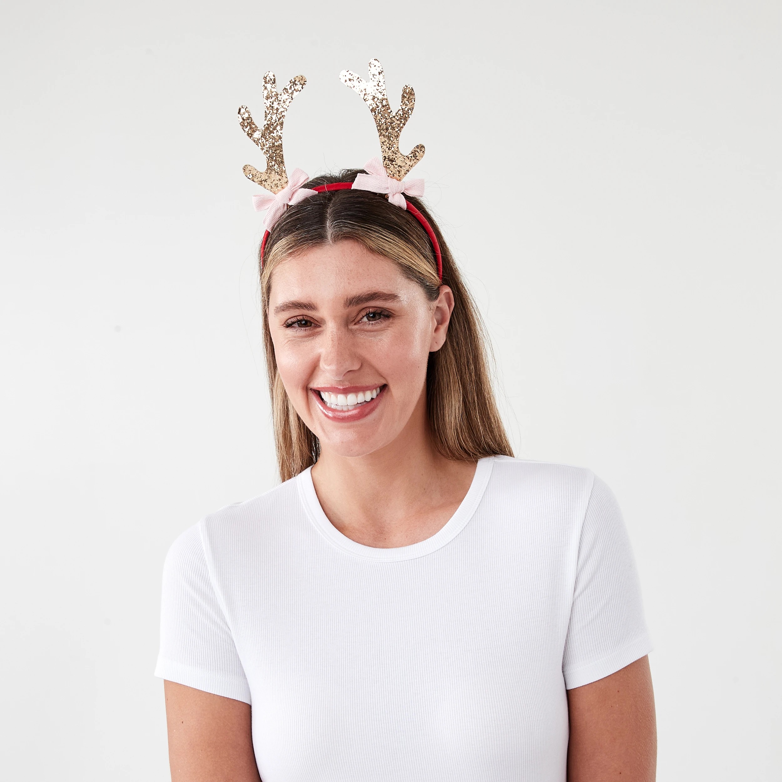 3 Christmas Reindeer Bow Headband - Gold Tone, Pink and Red, 3 of 5