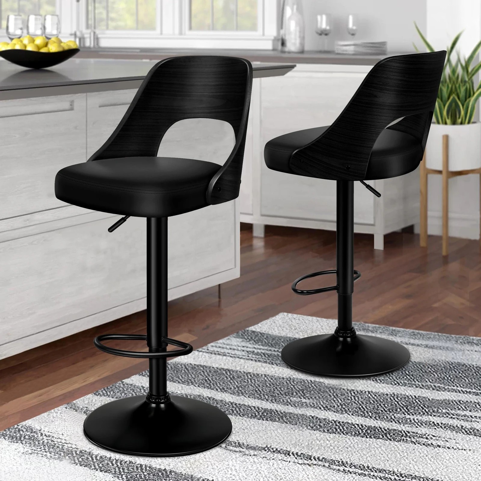 2 Alfordson 2x Bar Stools Kitchen Swivel Chair Wooden Leather Gas Lift - Black, 2 of 9
