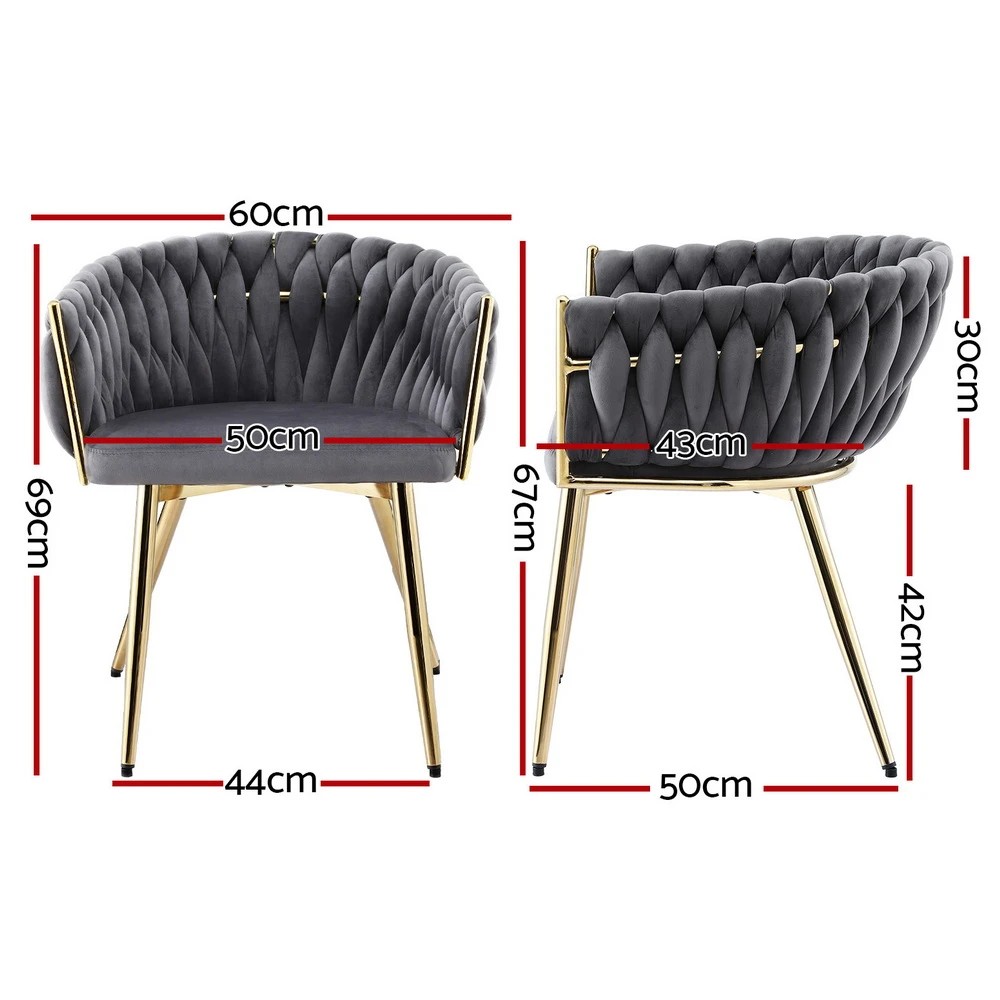 2 Artiss Dining Chair Velvet Weaving Armchair Vanity Chairs - Grey, 2 of 6