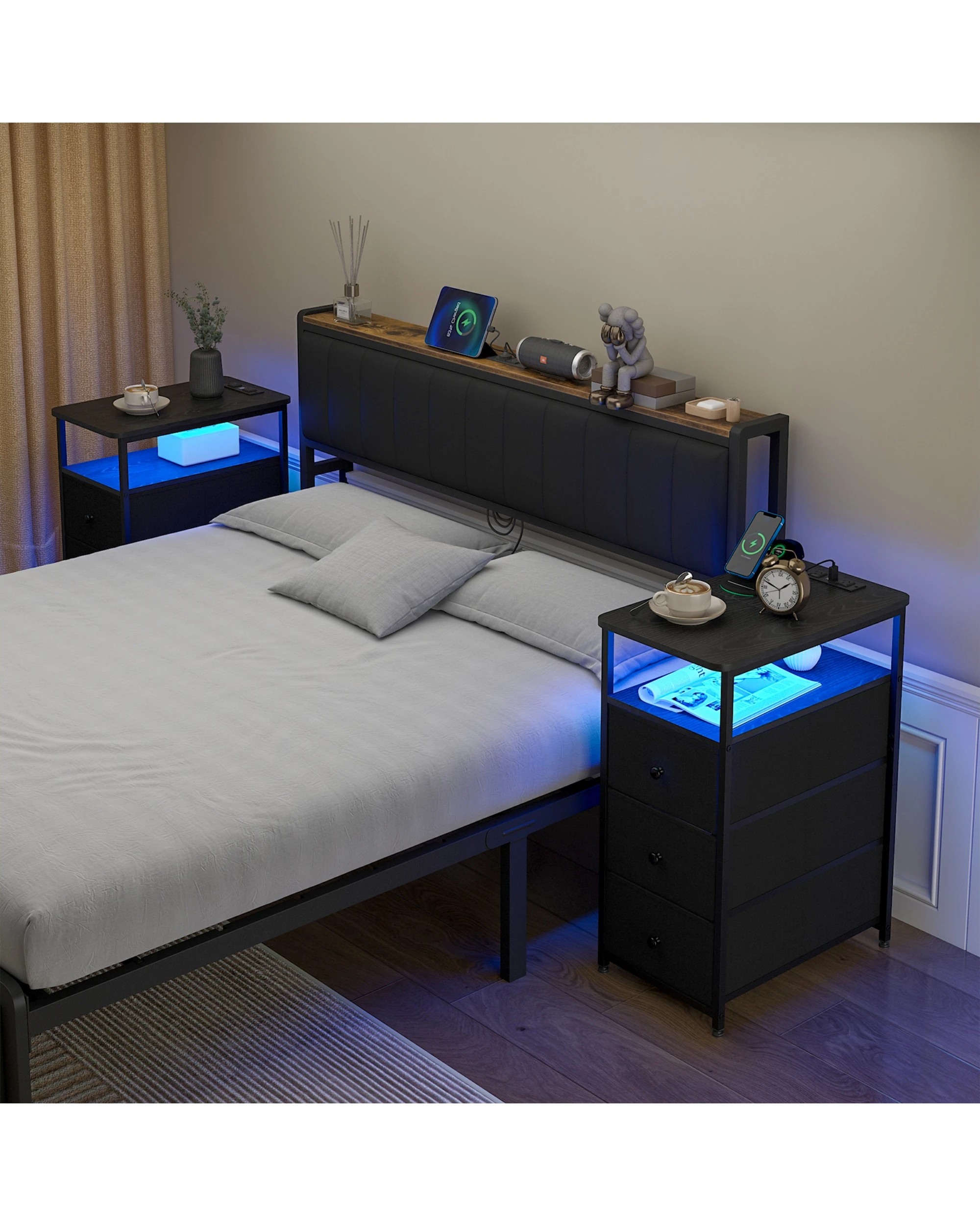 3 Advwin LED End Table Sofa Side Table with Charging Station and Drawers Narrow Bedside Table, 3 of 10