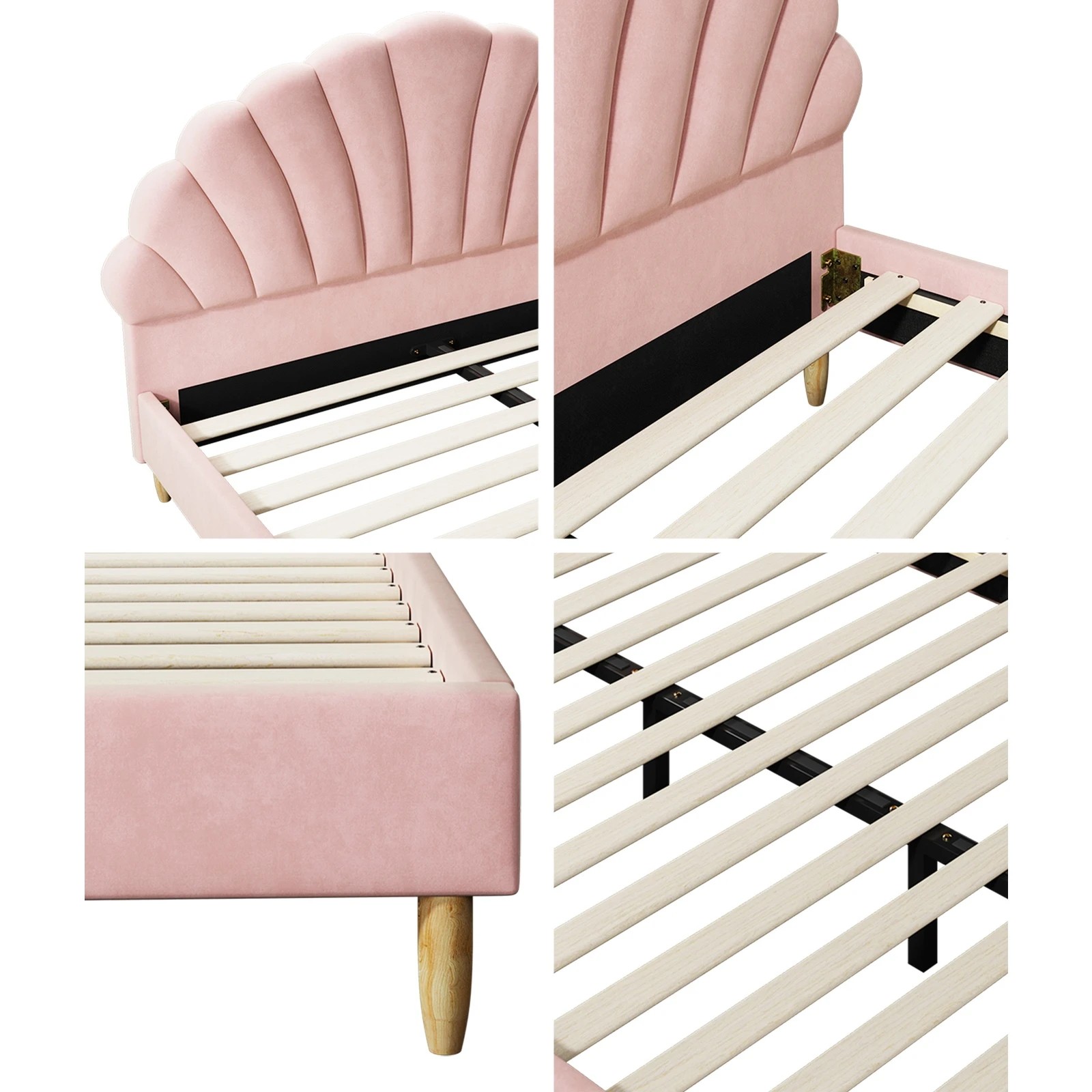 5 Oikiture Bed Frame Double Size Scallop-Shape Bedhead Velvet with Mattress - Pink, 5 of 8