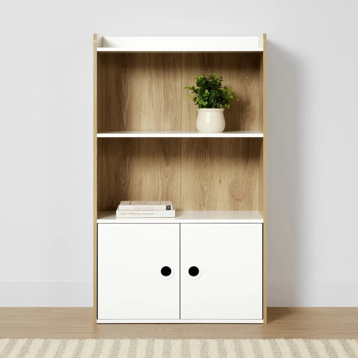 1 Oak Look and White Shelf with Cupboard, 1 of 9