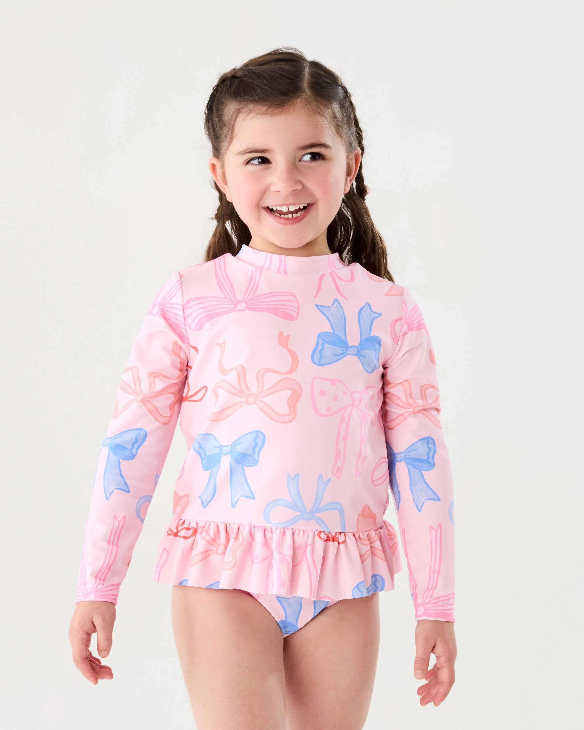 1 2 Piece Long Sleeve Rash Swim Set Pink Bows, 1 of 6