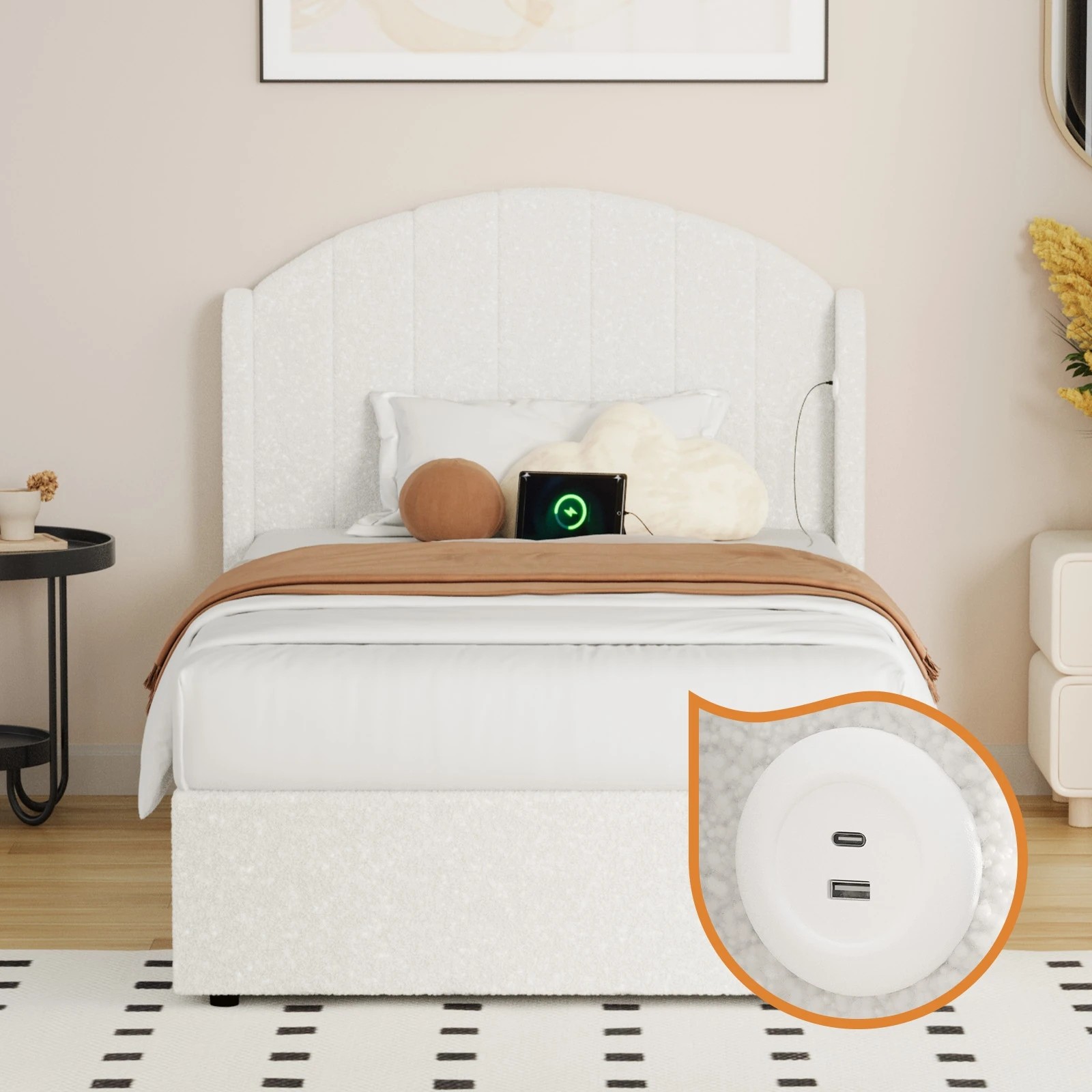 5 Oikiture Bed Frame King Single Size With Gas Lift Storage USB Charging Boucle - White, 5 of 9