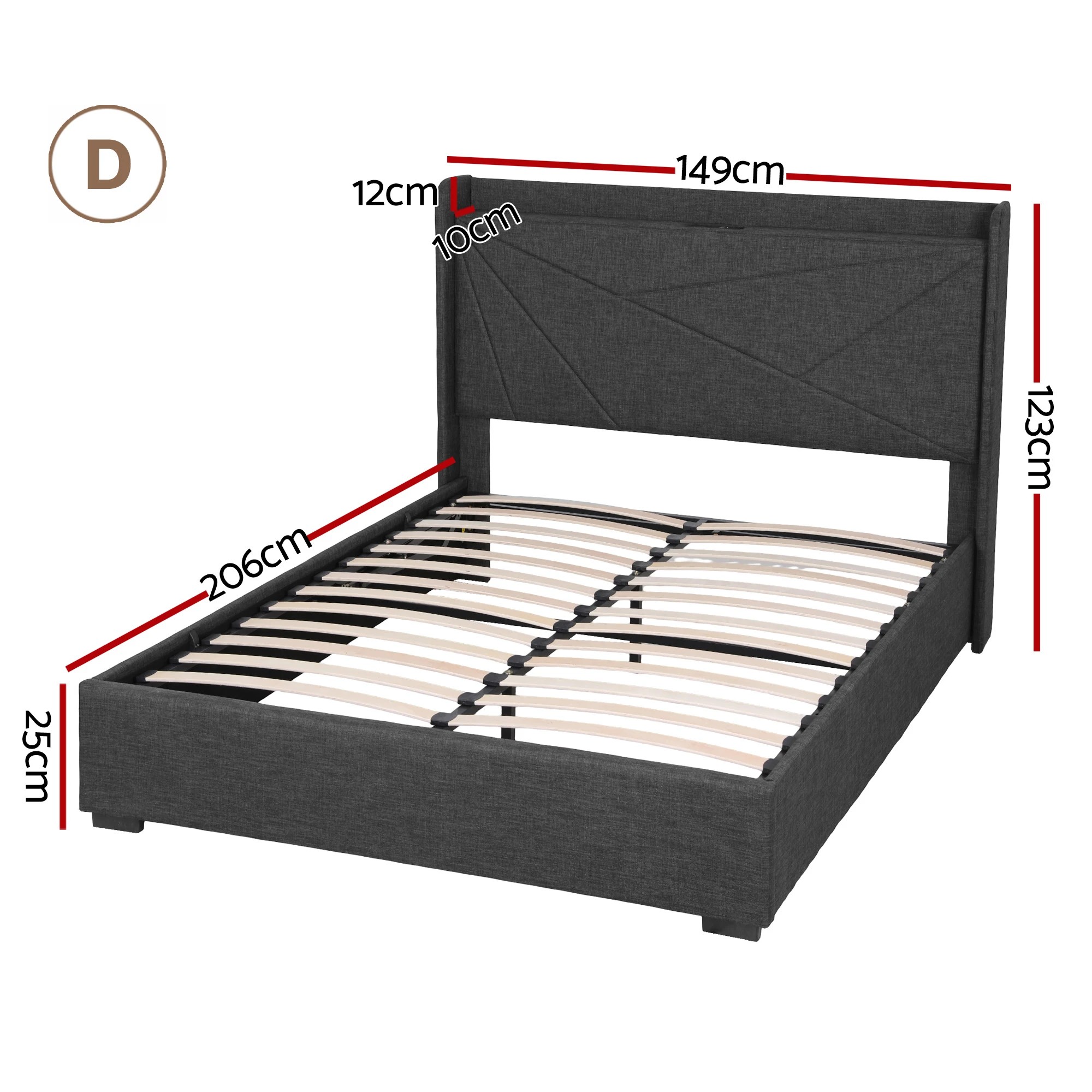 2 Artiss Double Bed Frame Gas Lift Storage Bed with Charging Ports Upholstered Geometric Headboard Charcoal - Black, 2 of 9