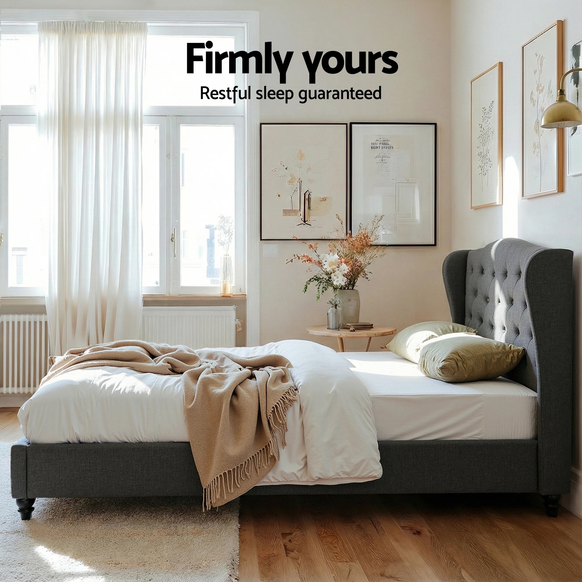 6 Artiss Double Bed Frame with Wingback Headboard  Linen Upholste Platform Bed Base - Grey, 6 of 6