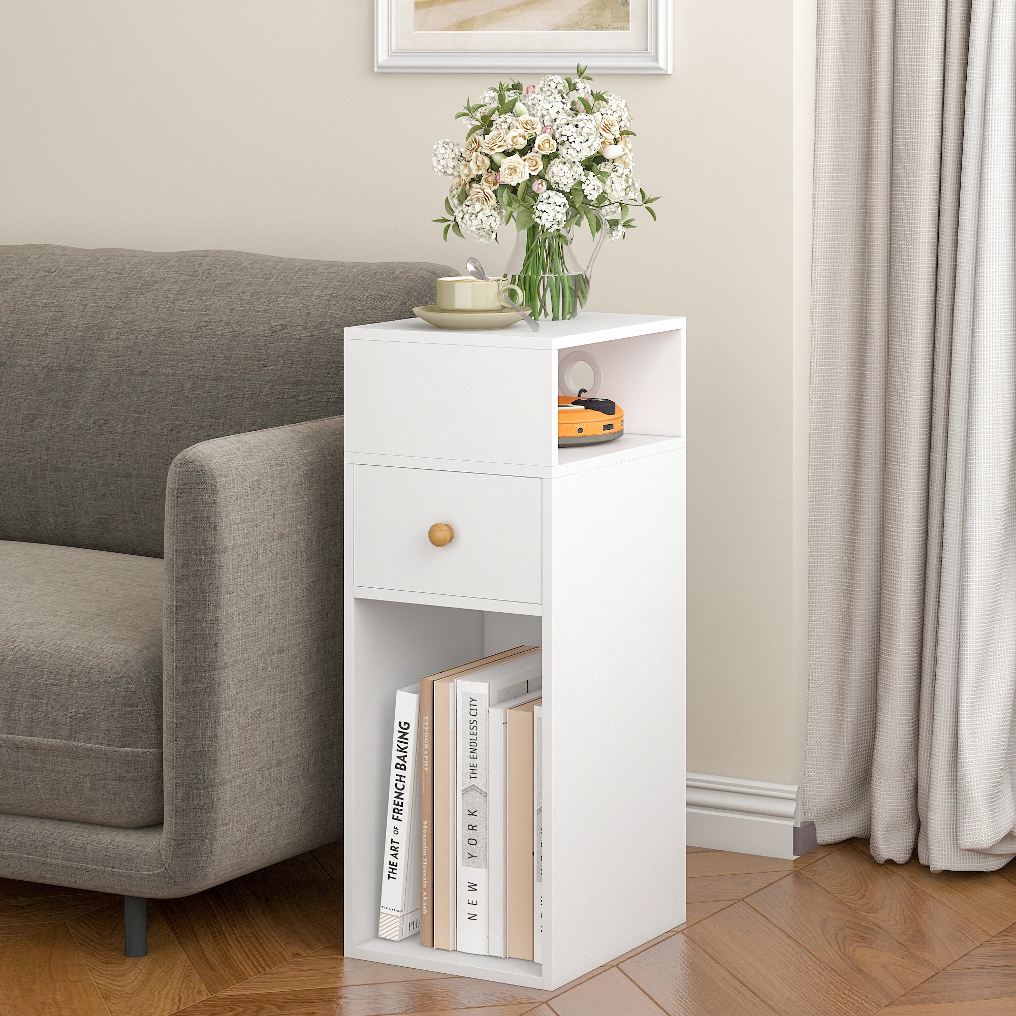 10 Advwin Side Table 25cm Narrow Sofa End Table w/ Side Shelf & Drawer Slim Bedside Table - White, 10 of 10