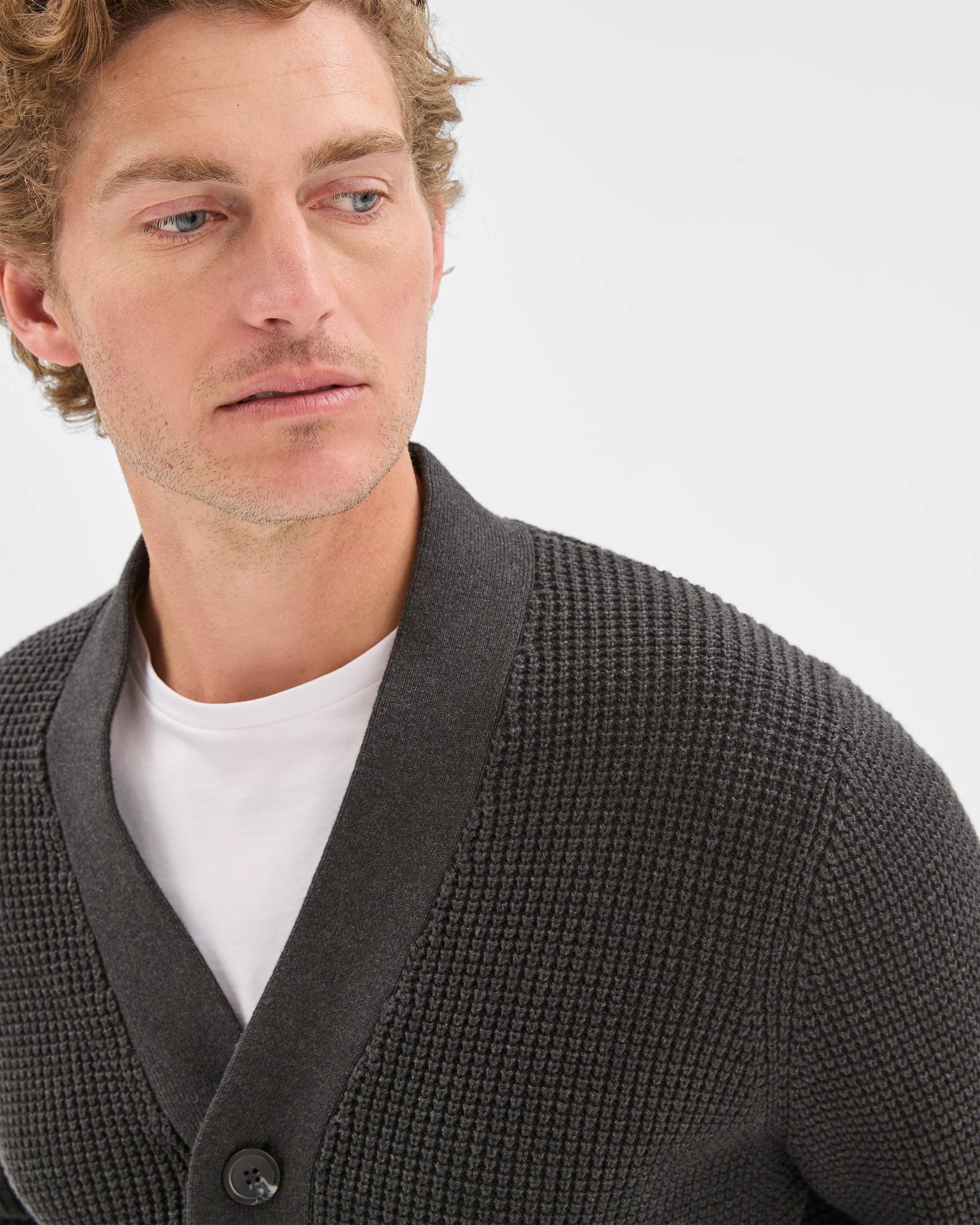 6 Target Man Australian Cotton V-Neck Waffle Knit Cardigan BLACK MARLE, 6 of 7