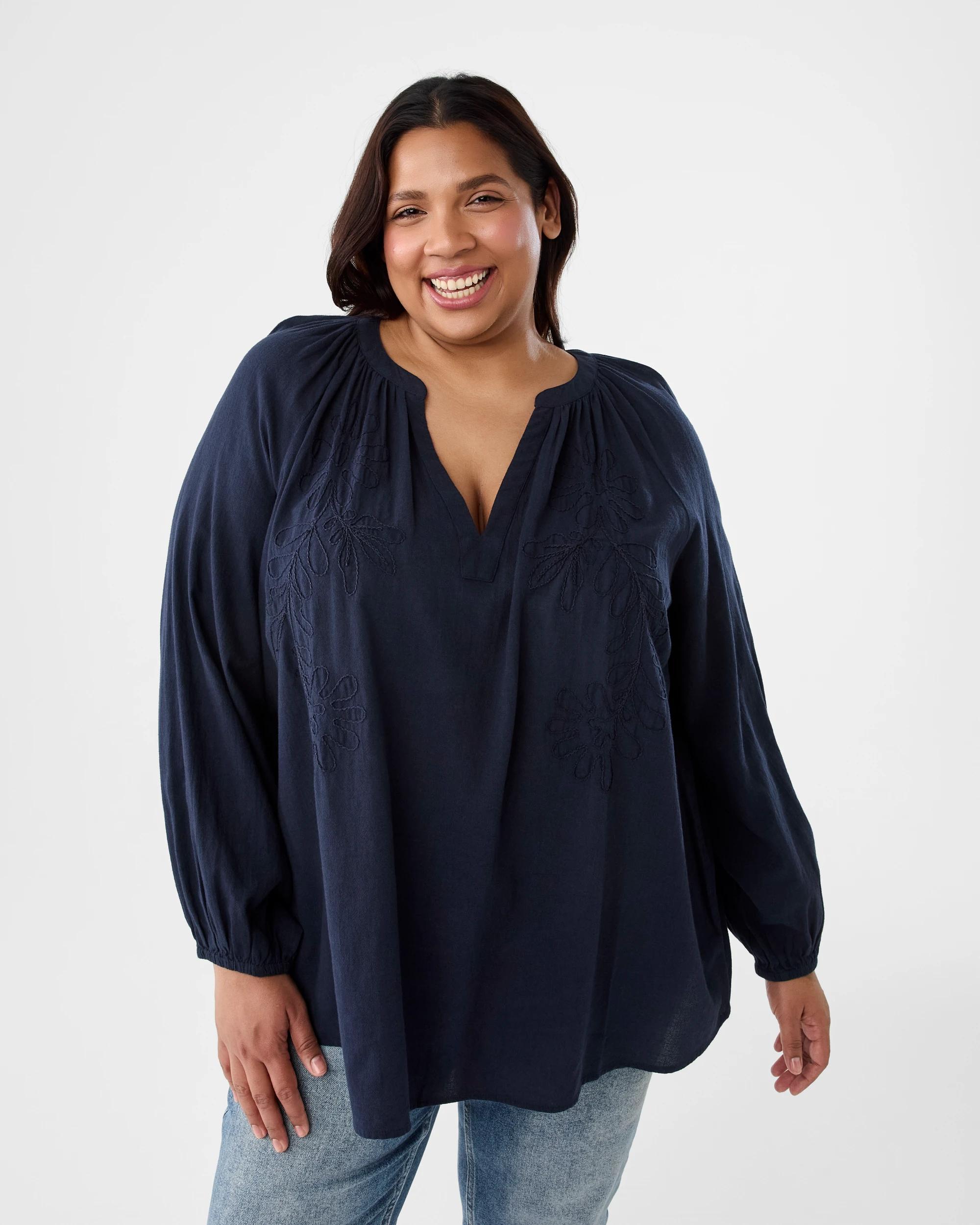 1 Curve Long Sleeve Embroidered Front Top Navy Blaze, 1 of 6