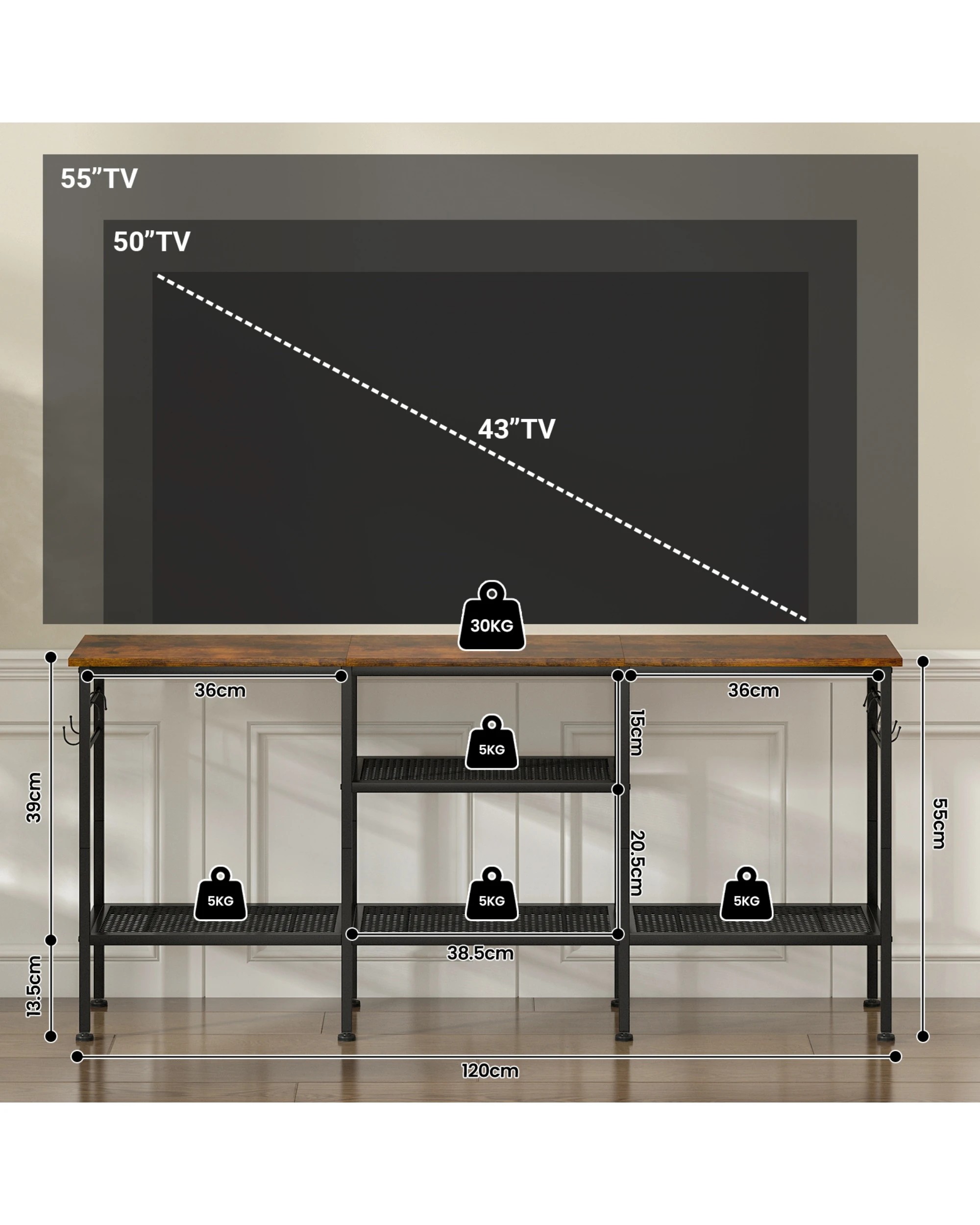 2 Advwin TV Cabinet 120cm Entertainment Unit Stand w/ Shelf & Hooks Media Console Table, 2 of 8