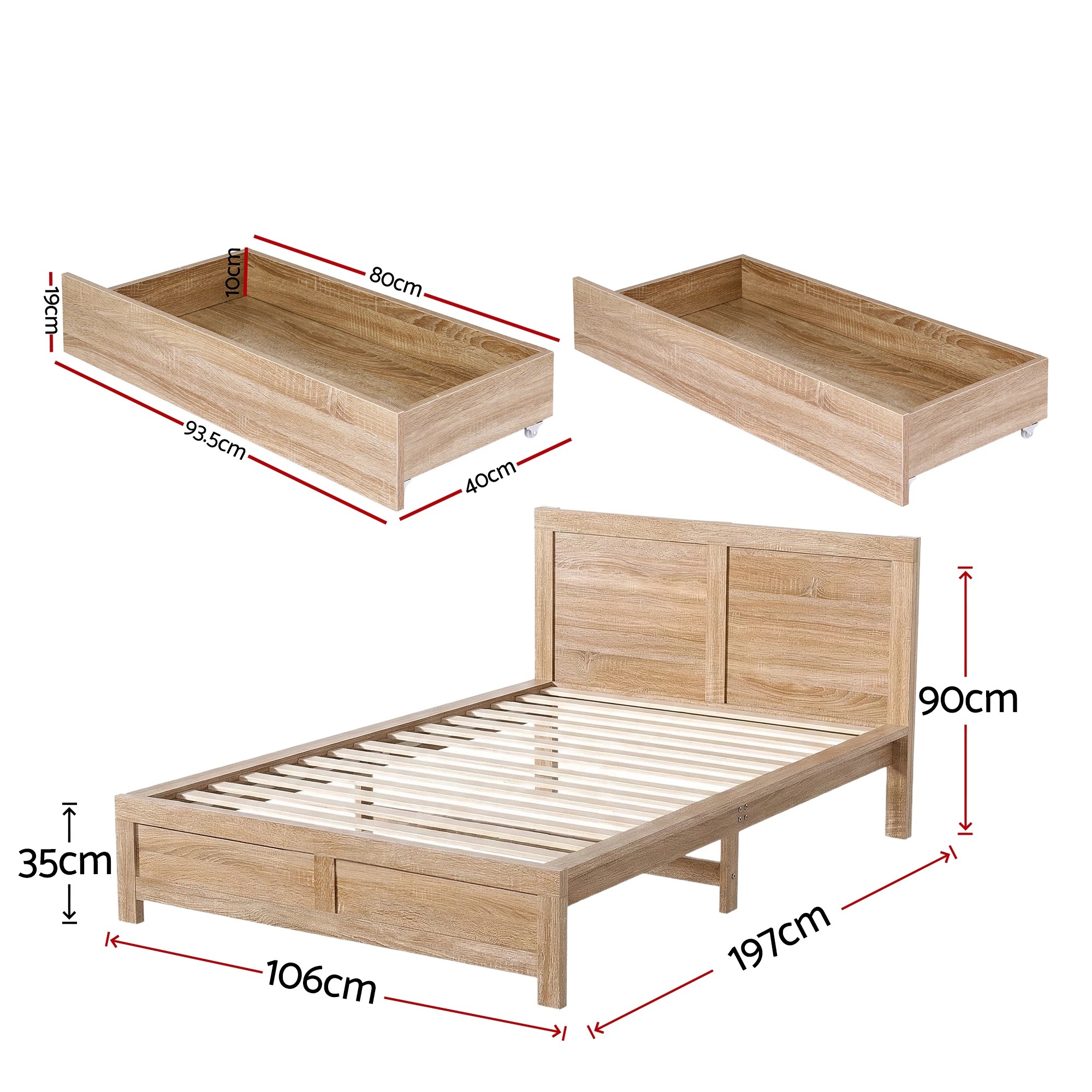 3 Artiss Single Bed Frame with 2 Drawers Wooden Bed Base - Brown, 3 of 8