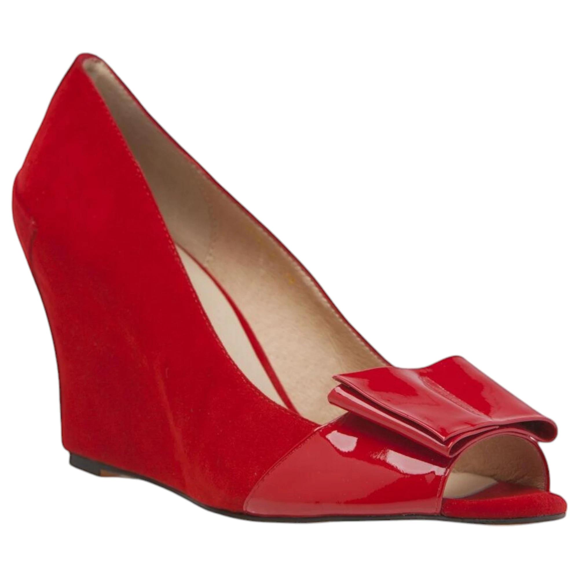 1 Zasel Angie Ladies Womens Leather Suede Wedge Heels With Bow Dress Shoes RED, 1 of 3