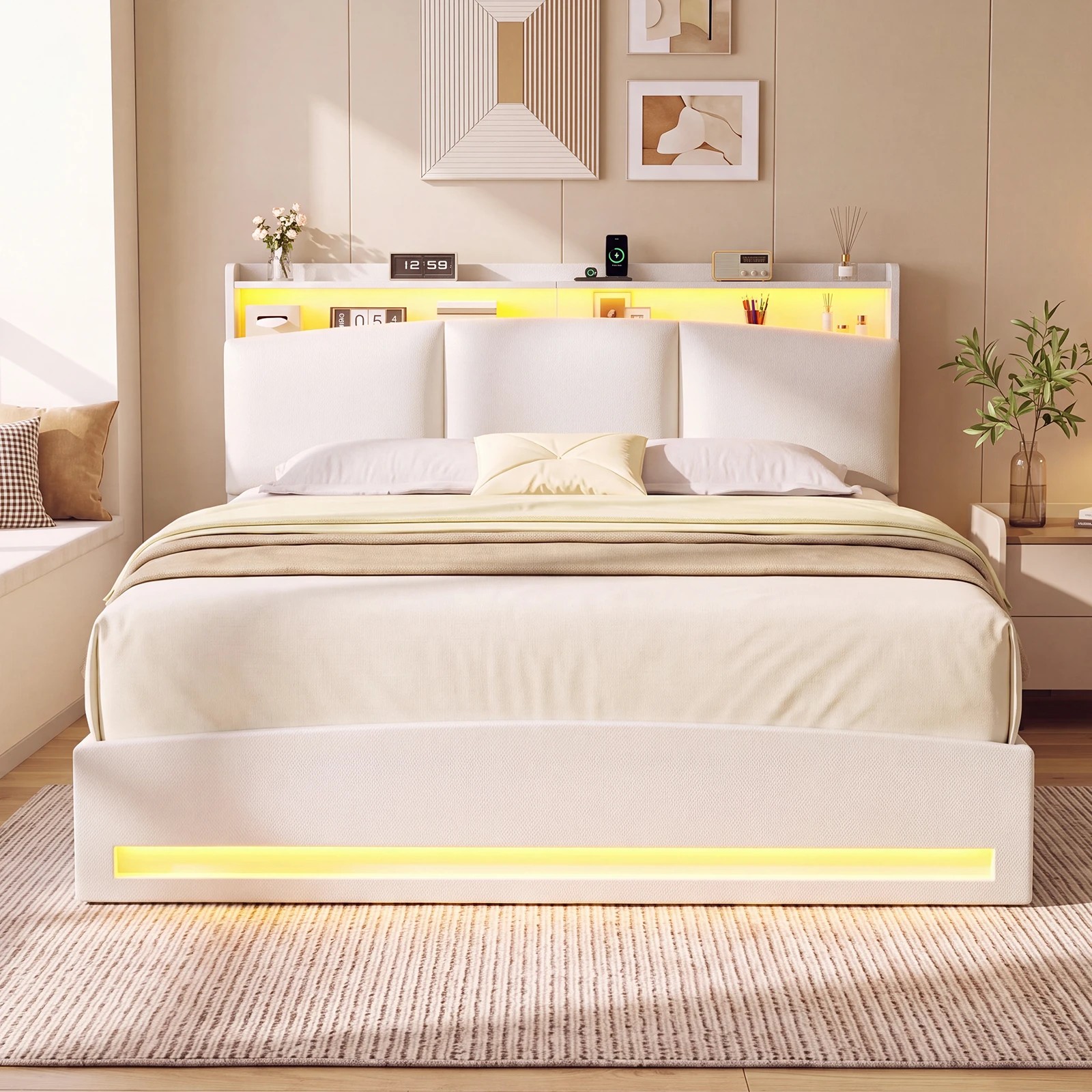 7 Advwin Double Gas Lift Storage Bed Frame with Charging Station - Beige, 7 of 8