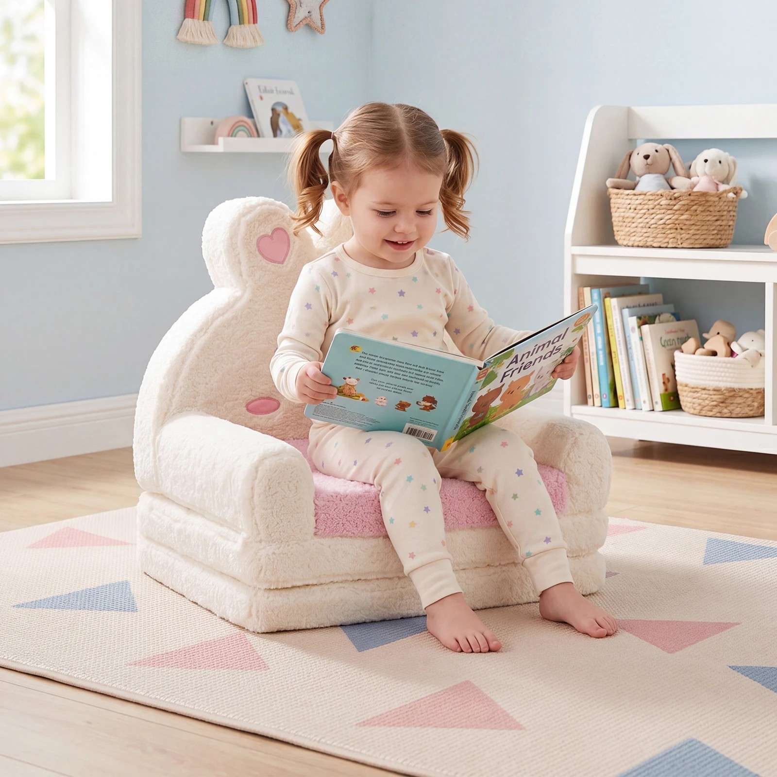 2 Costway Kids Sofa 2-in-1 Convertible Couch Lounger Foldable Chair w/Cover Bunny Pattern - Pink, 2 of 5