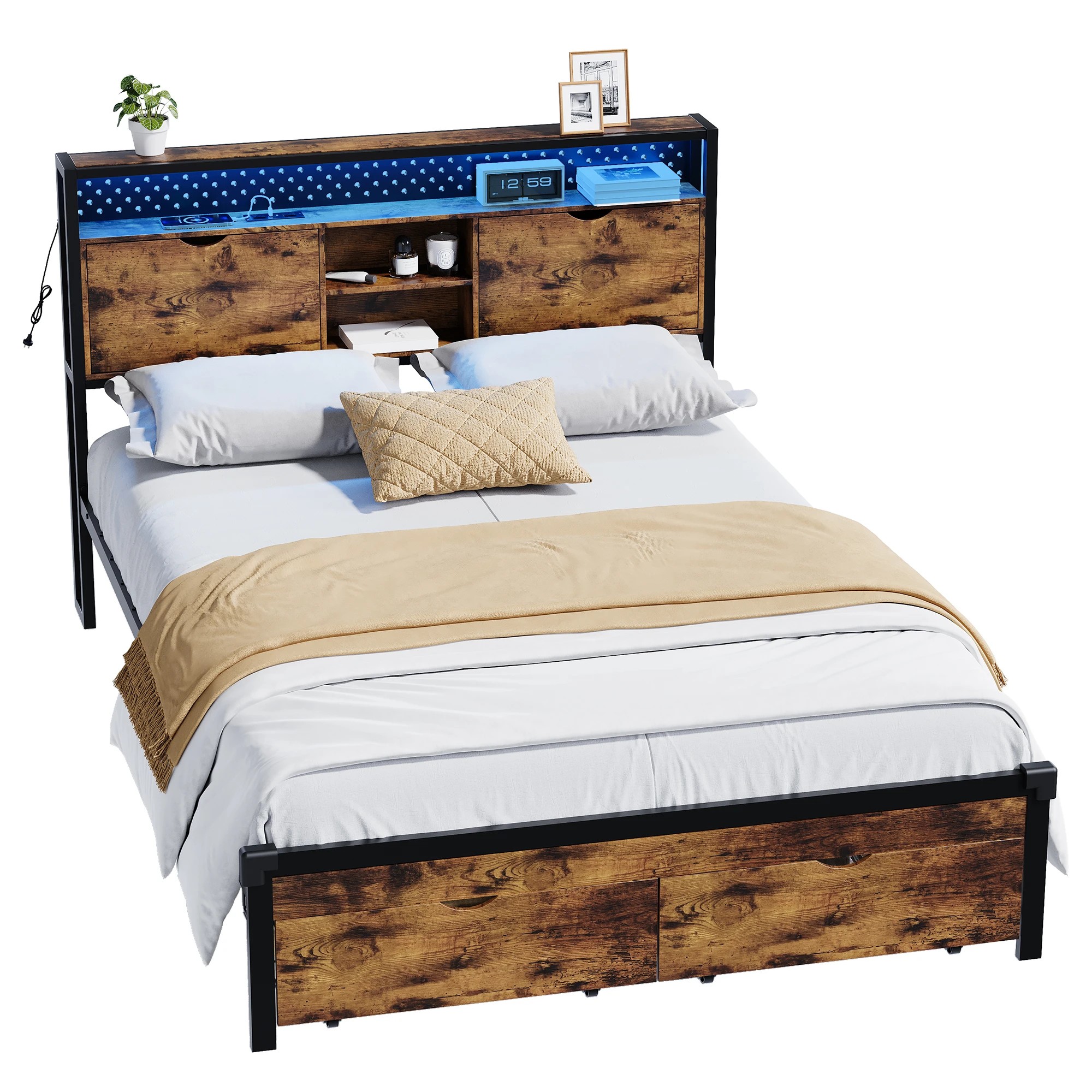1 Advwin Queen Bed Frame with 2 Storage Drawers & LED Lights & Charging Station - Brown, 1 of 7