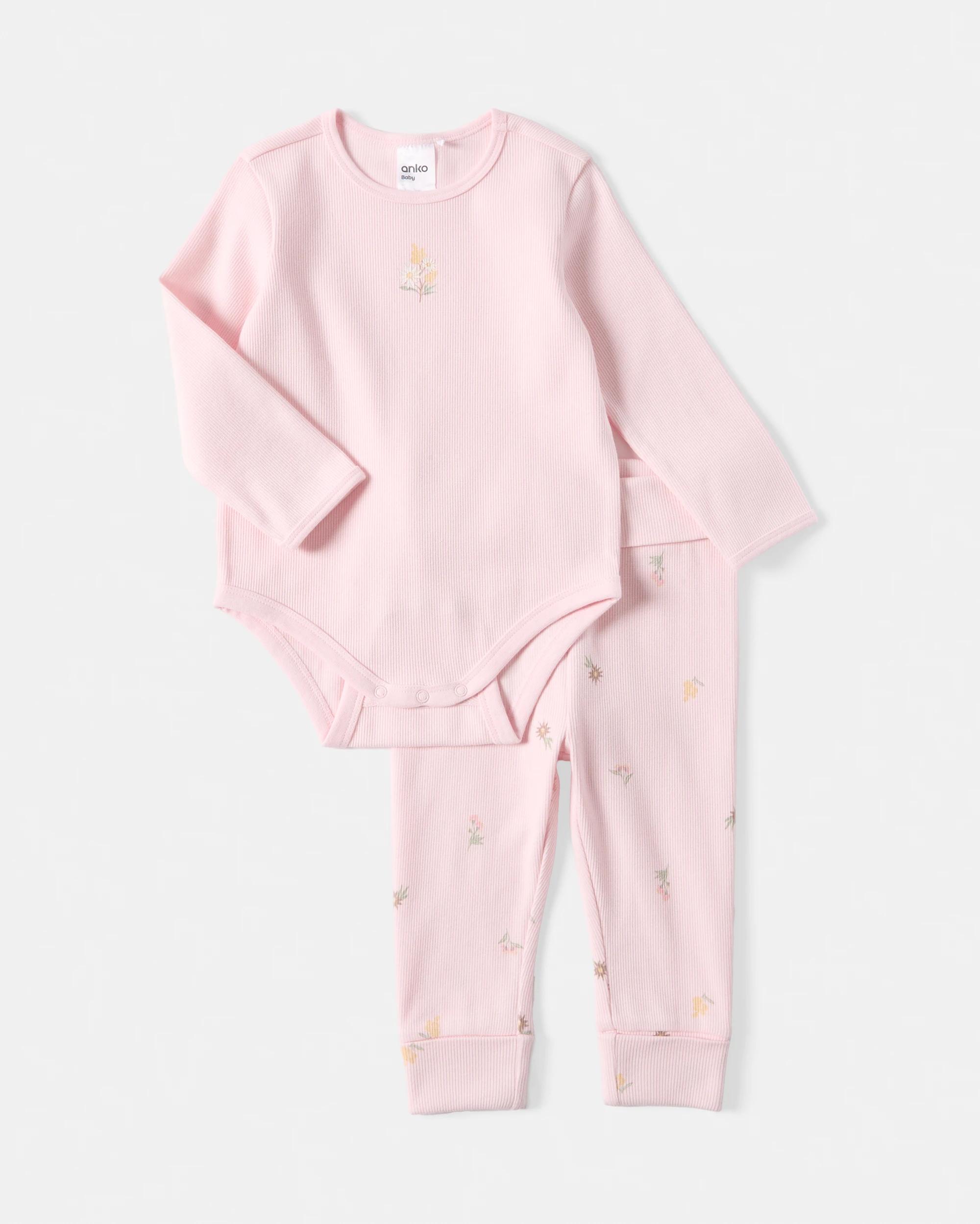 1 2 Piece Long Sleeve Newborn Set Pnk Flrl, 1 of 6