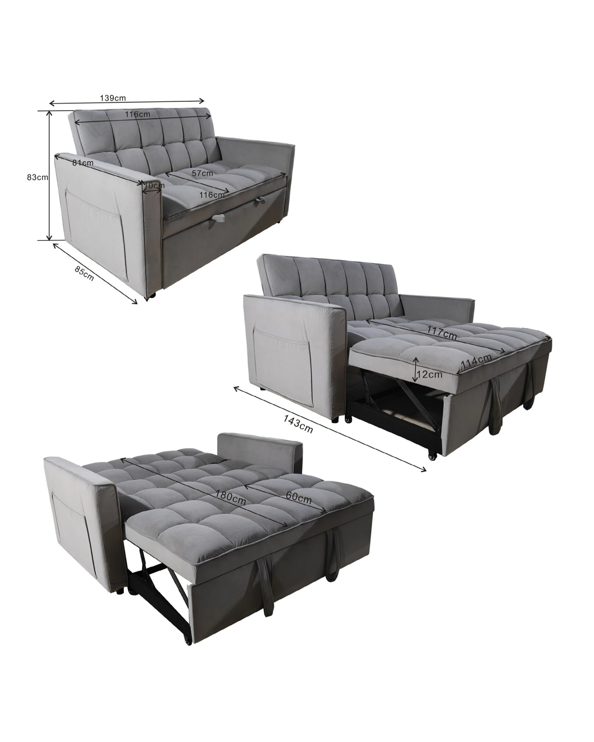 2 Advwin 3 in 1 Convertible Sofa Bed Velvet Sleeper Loveseat with Adjustable Backrest Pull Out Couch with Side Pocket, 2 of 10