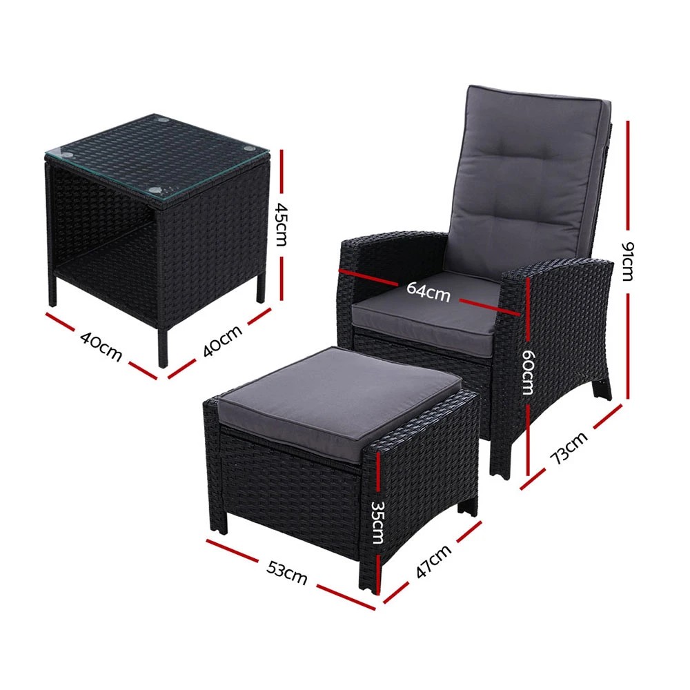 2 Gardeon 3PC Recliner Chairs Table Sun lounge Wicker Outdoor Furniture Adjustable - Black, 2 of 7