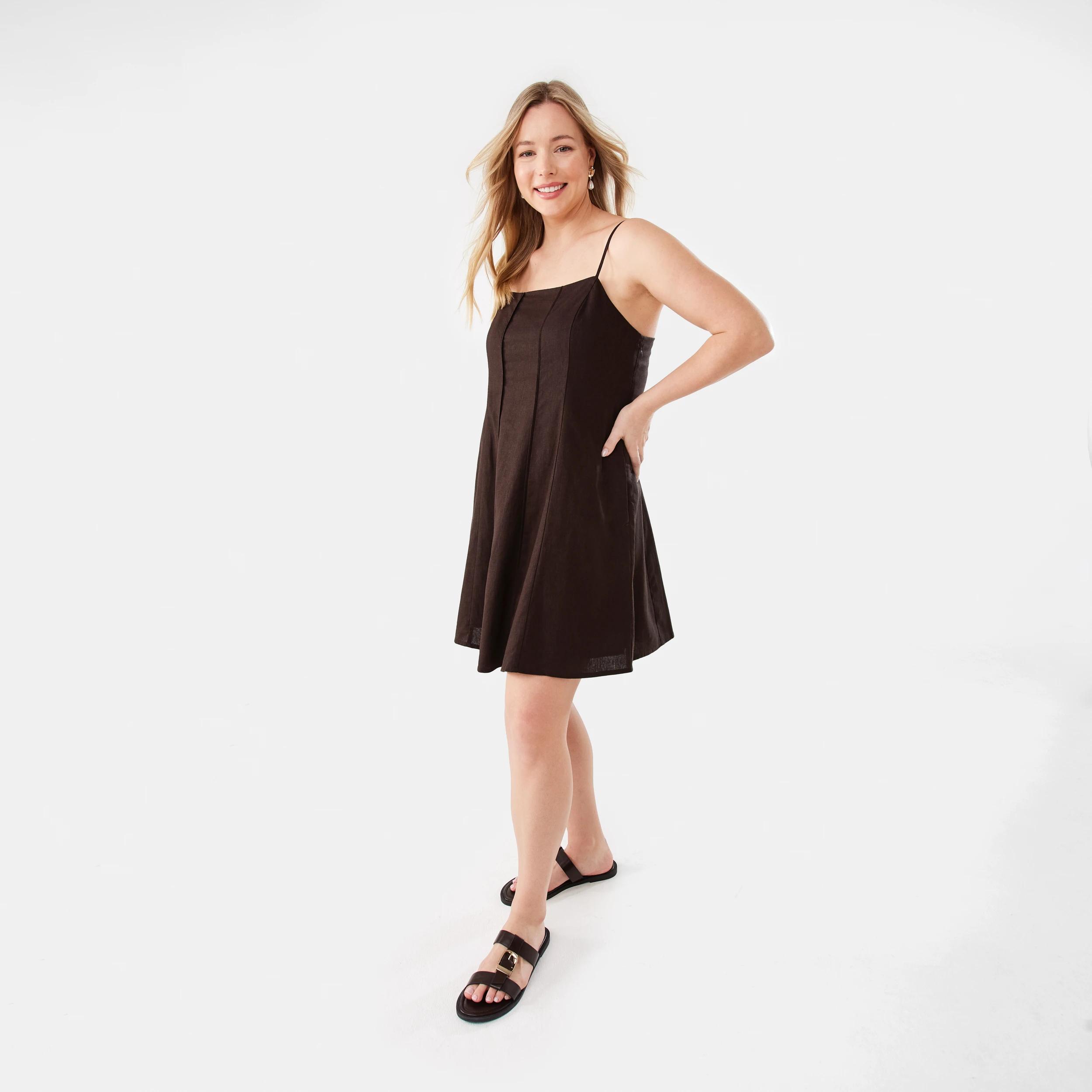 4 Sleeveless Pintuck Linen Blend Mini Dress Melt Brown, 4 of 11
