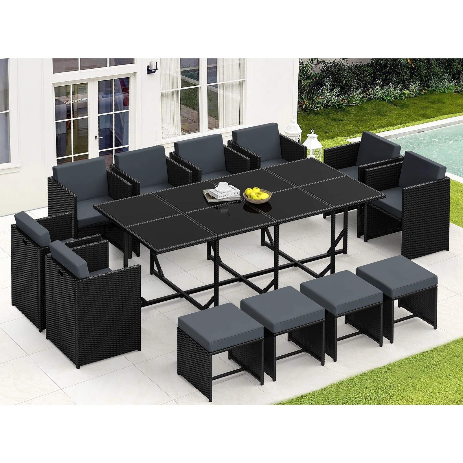 3 Alfordson Outdoor Dining Set 13 PCS Table Chairs Patio Lounge Wicker Furniture - Black, 3 of 10