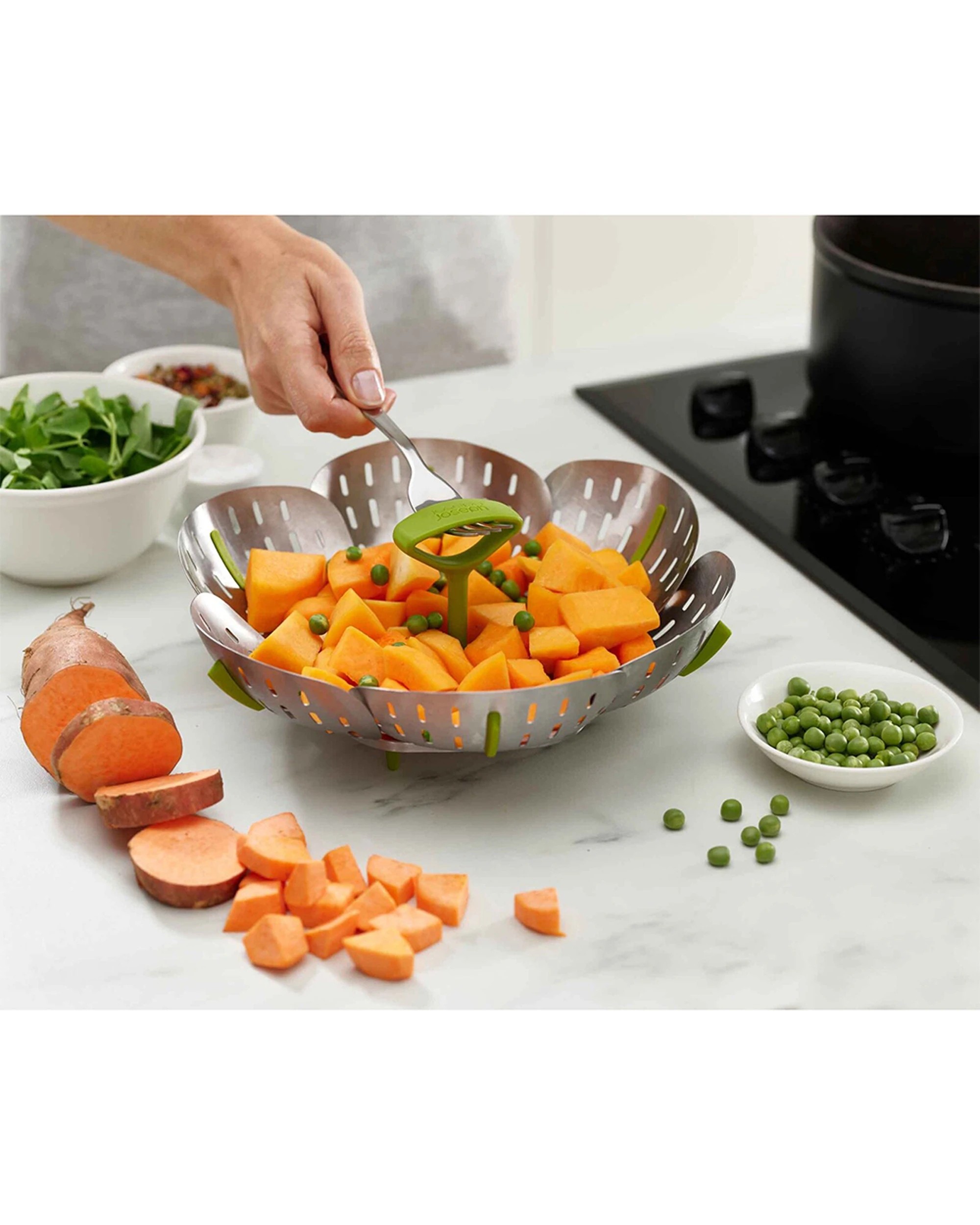 3 Joseph Joseph Bloom 16cm Steel Folding Steamer Basket Self-Adjusting Heat-Resistant - Green, 3 of 6