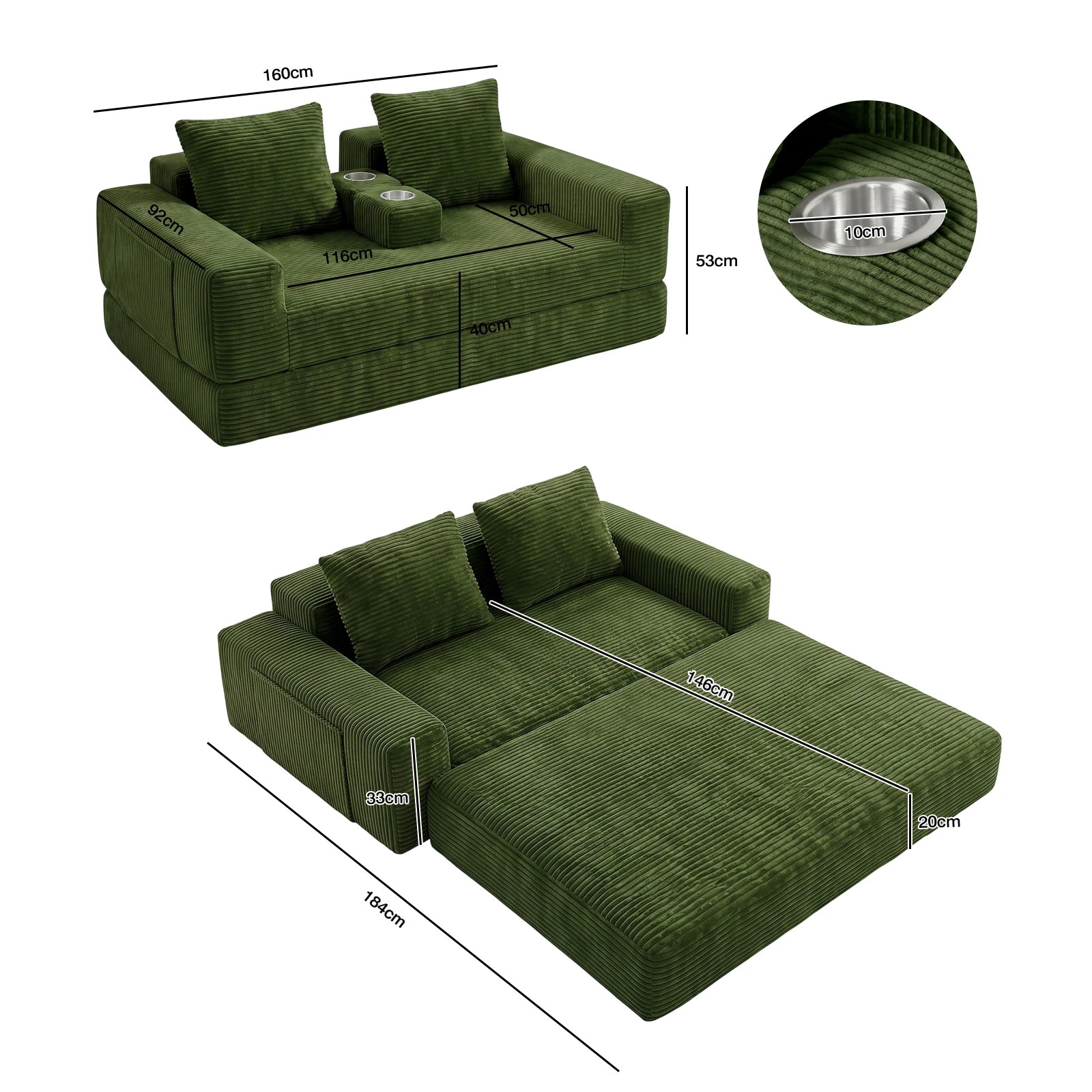2 Advwin Folding Sofa Bed 2 in 1 Convertible Floor Loveseat Fold Out Corduroy Sleeper Couch - Green, 2 of 7
