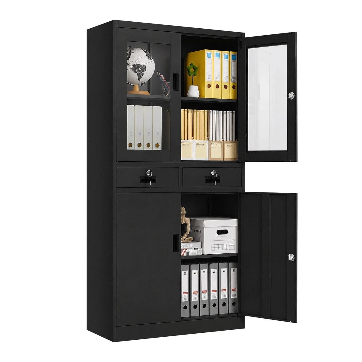 1 Ausway 185 cm Lockable Steel Filing Cabinet Office Storage Cupboard with 2 Drawers & Tempered Glass Doors, 1 of 7