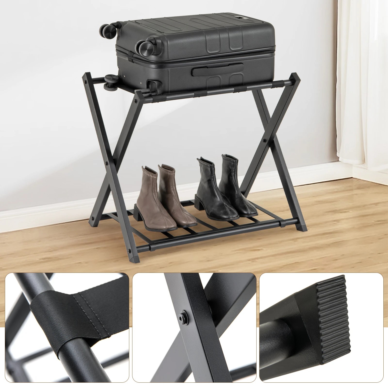 4 Costway 2-Tier Folding Luggage Rack Iron Suitcase Stand w/Shelf Bag Suitcase Storage - Black, 4 of 5