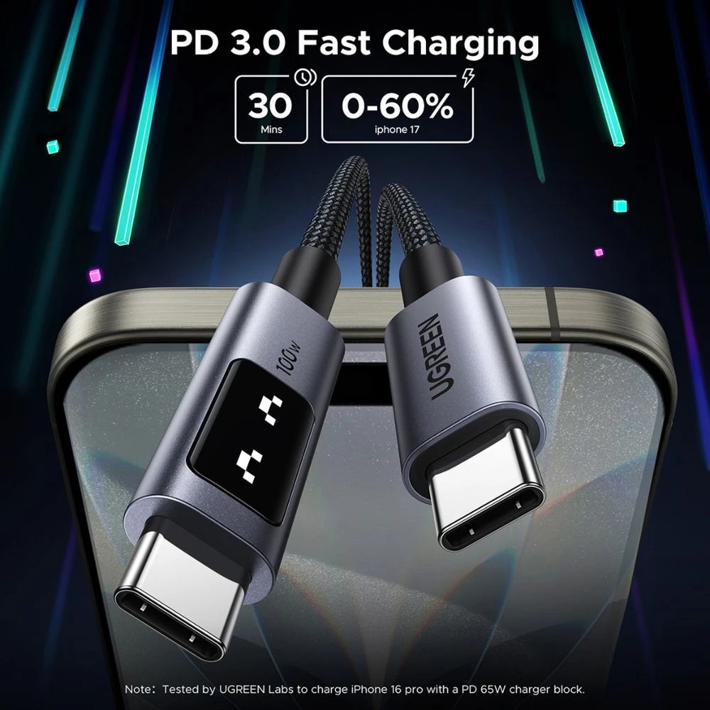 4 UGREEN USB-C 5A/100W Braided Cable with Display 1M Space Grey, 4 of 5