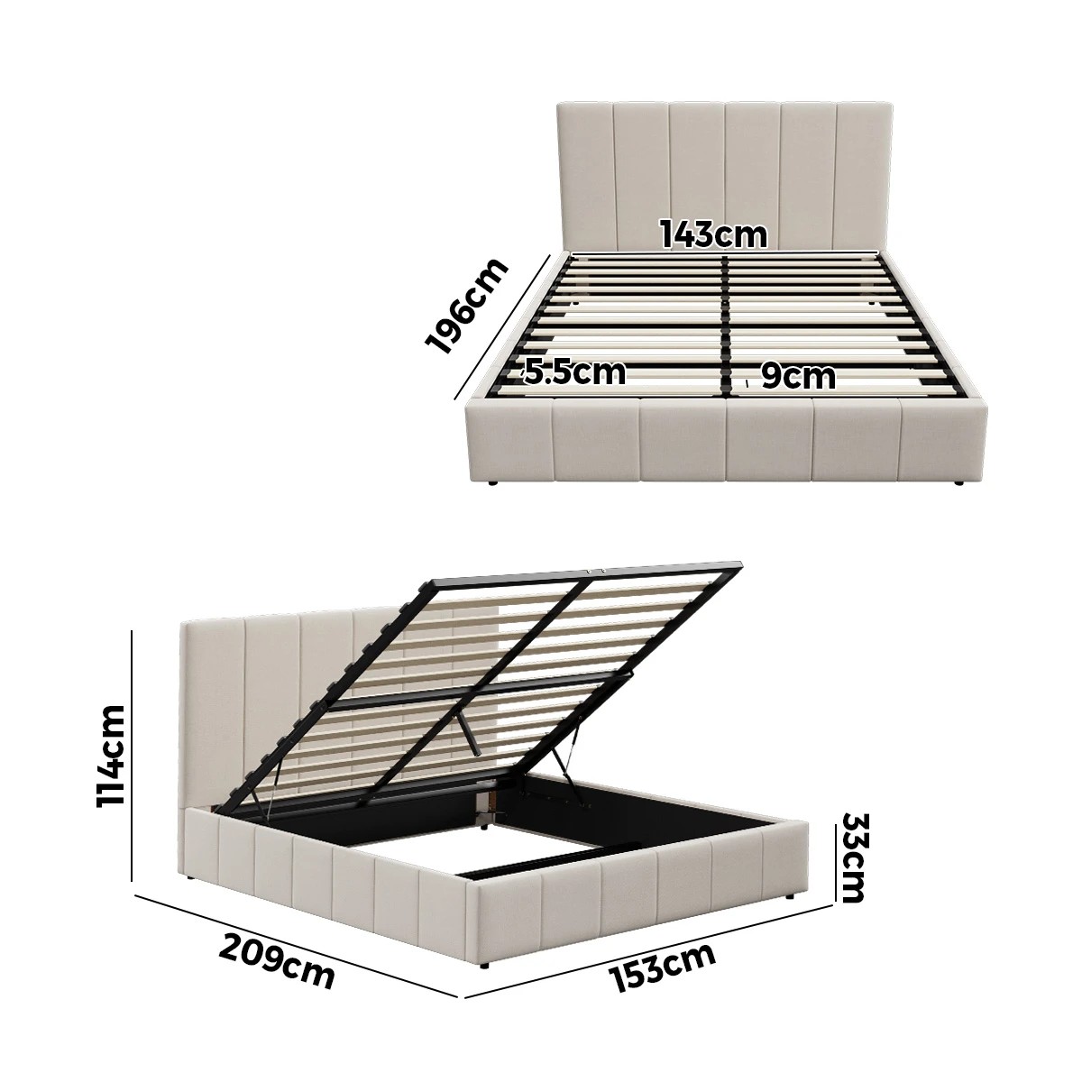 10 Oikiture Queen Bed Gas Lift Base With Storage Bed Frame
 - Beige, 10 of 10