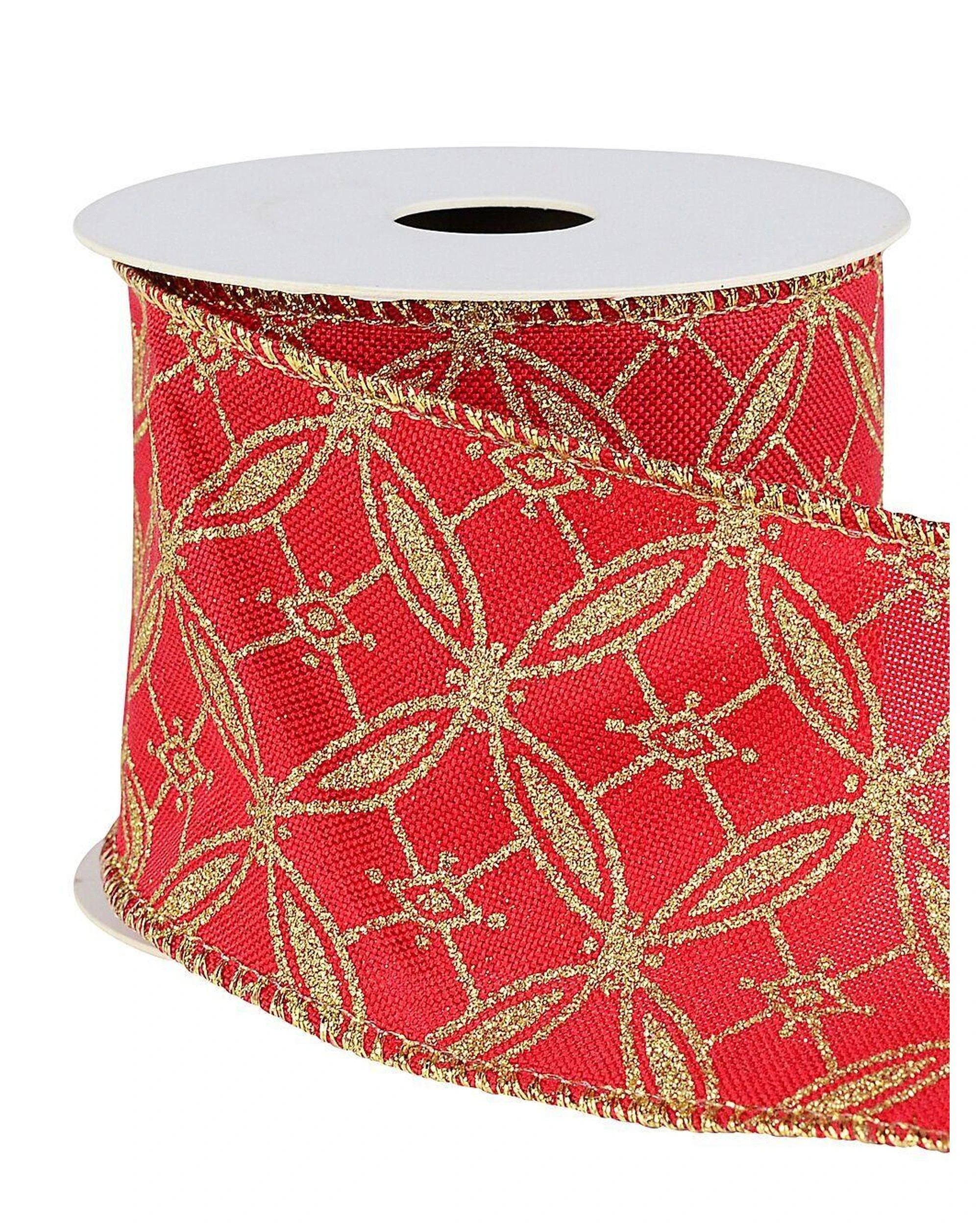 Christmas Warehouse Wired Red Organza Ribbon Gold Glitter Circles ...