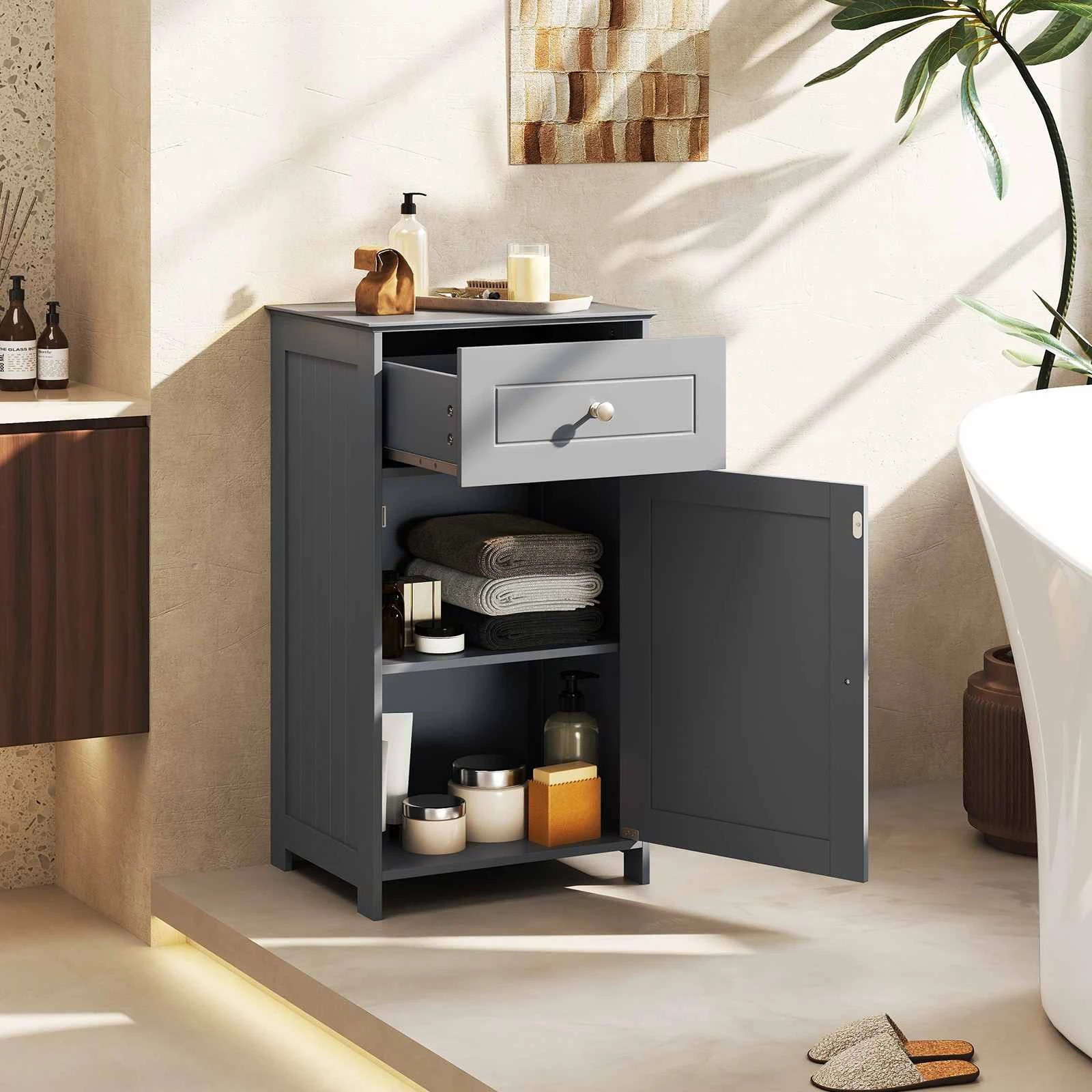 3 Costway Bathroom Cabinet Toilet Storage Cupboard Laundry Sideboard w/Drawer - Grey, 3 of 5
