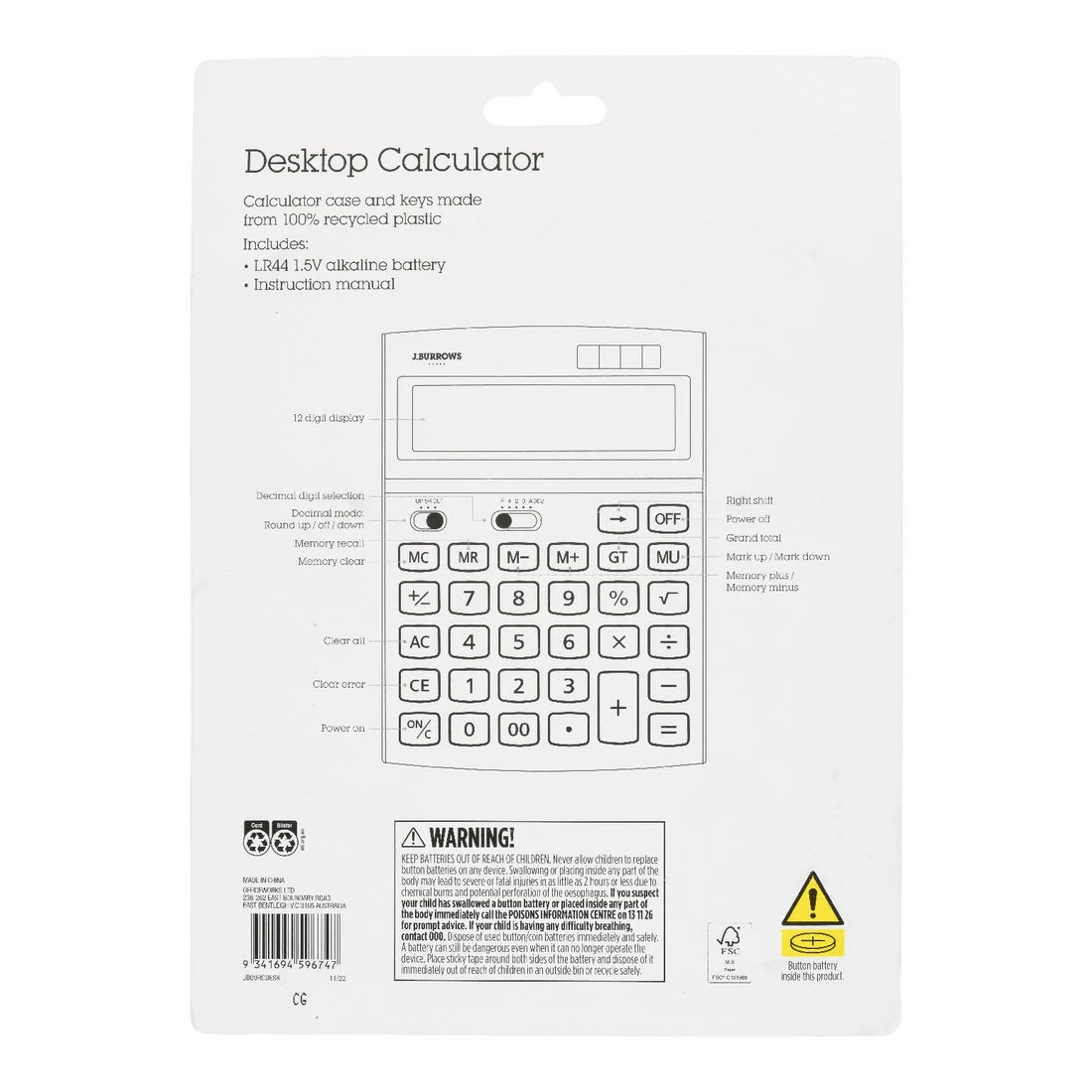 4 J.Burrows Desktop 12 Digit Calculator Black/Silver, 4 of 4
