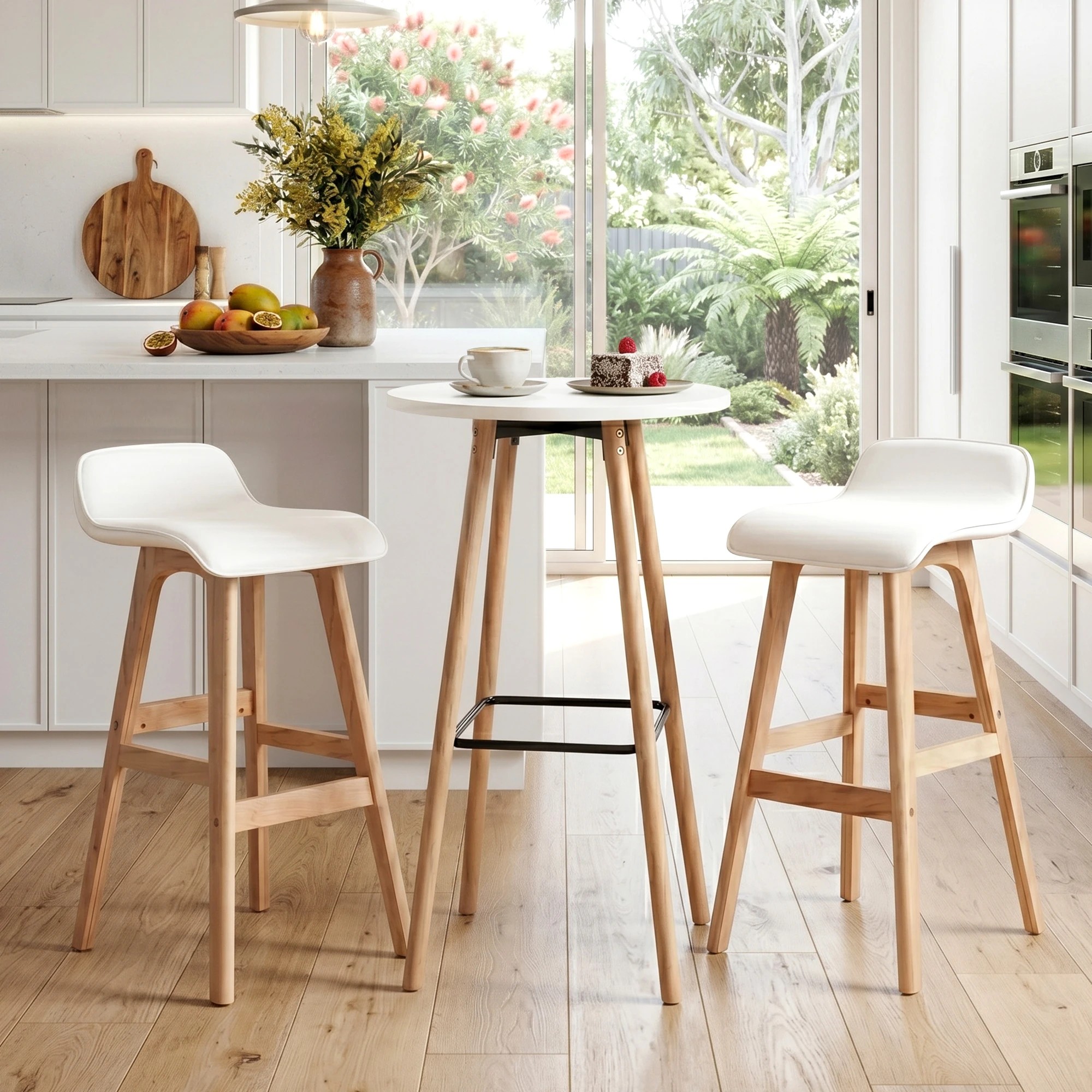 4 Artiss 3 Pcs Bar Table and Stools Set with Cushioned Stools Round Wooden Pub Dining Table - White, 4 of 9