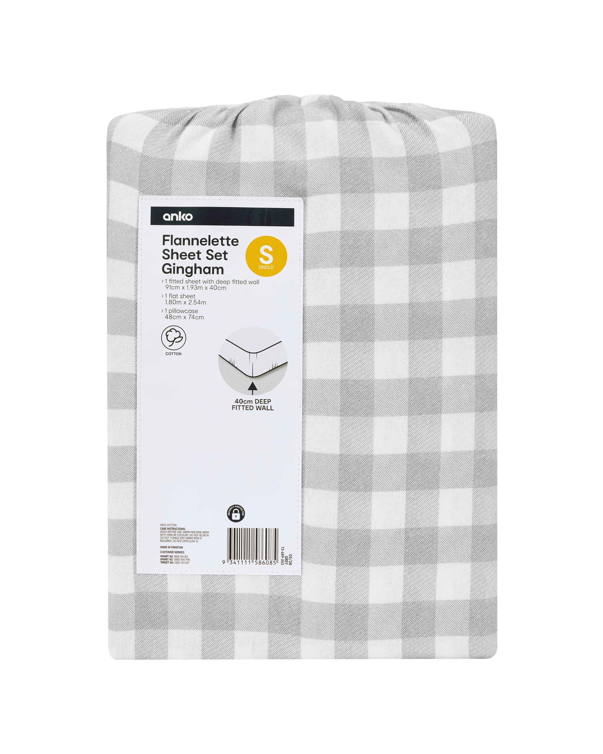 7 Gingham Cotton Flannelette Sheet Set - Single Bed, Grey, 7 of 7