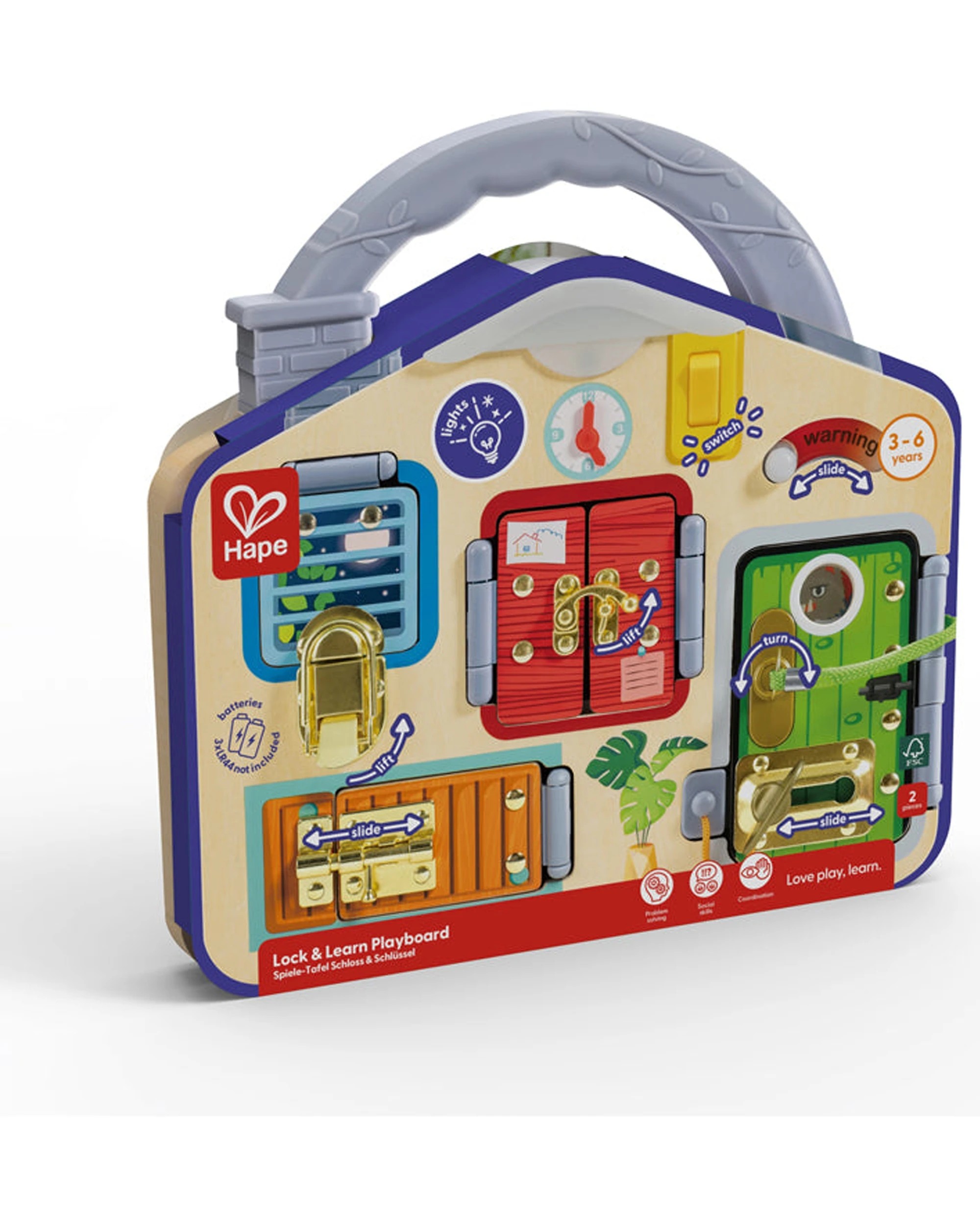 2 Hape Kids Lock & Learn Wooden Playboard Interactive Toy Locks Doors - Multi, 2 of 3