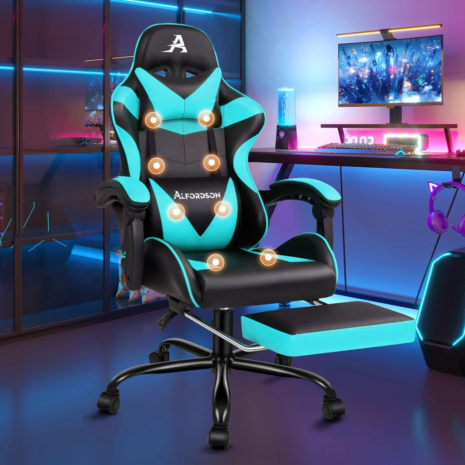 2 Alfordson Gaming Chair Office Massage Computer Racing Seat PU Leather - Cyan, 2 of 10