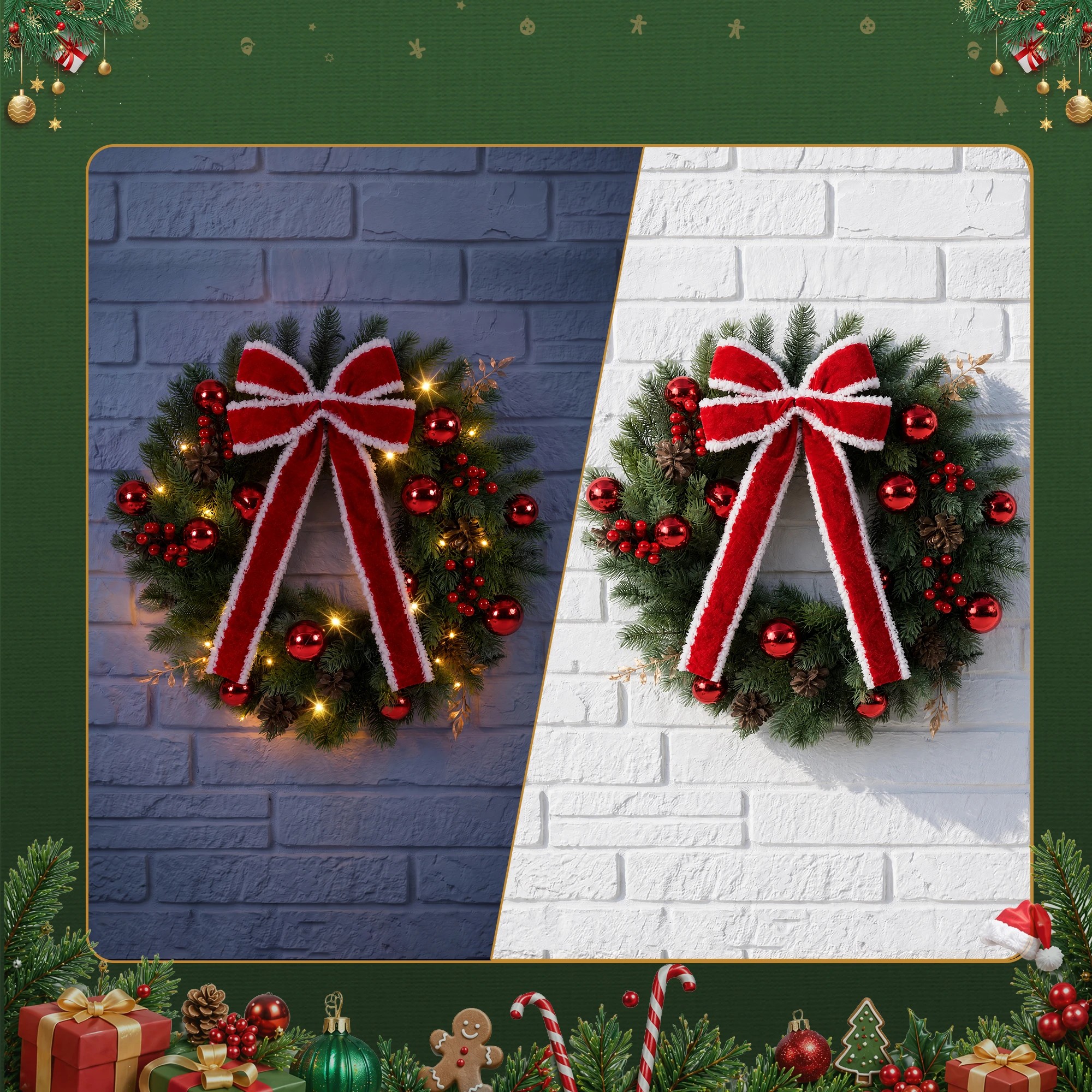 5 Jingle Jollys 60cm Pre-lit Christmas Wreath Garlands LED Light Front Door Decor Bow - Green, 5 of 7