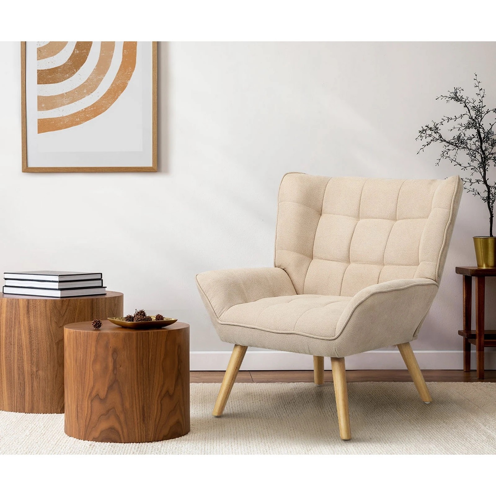 4 Oikiture 2x Armchair Accent Chairs Sofa Lounge Fabric Upholstered Tub - Beige, 4 of 10