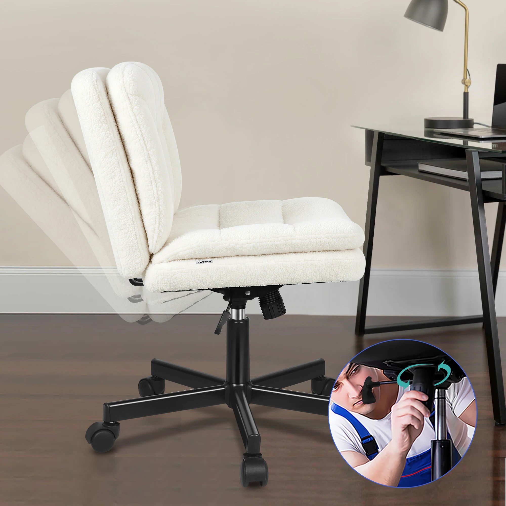 4 Alfordson Armless Office Desk Chair Mid Back Wide Seat w/ Wheels Boucle - White, 4 of 8