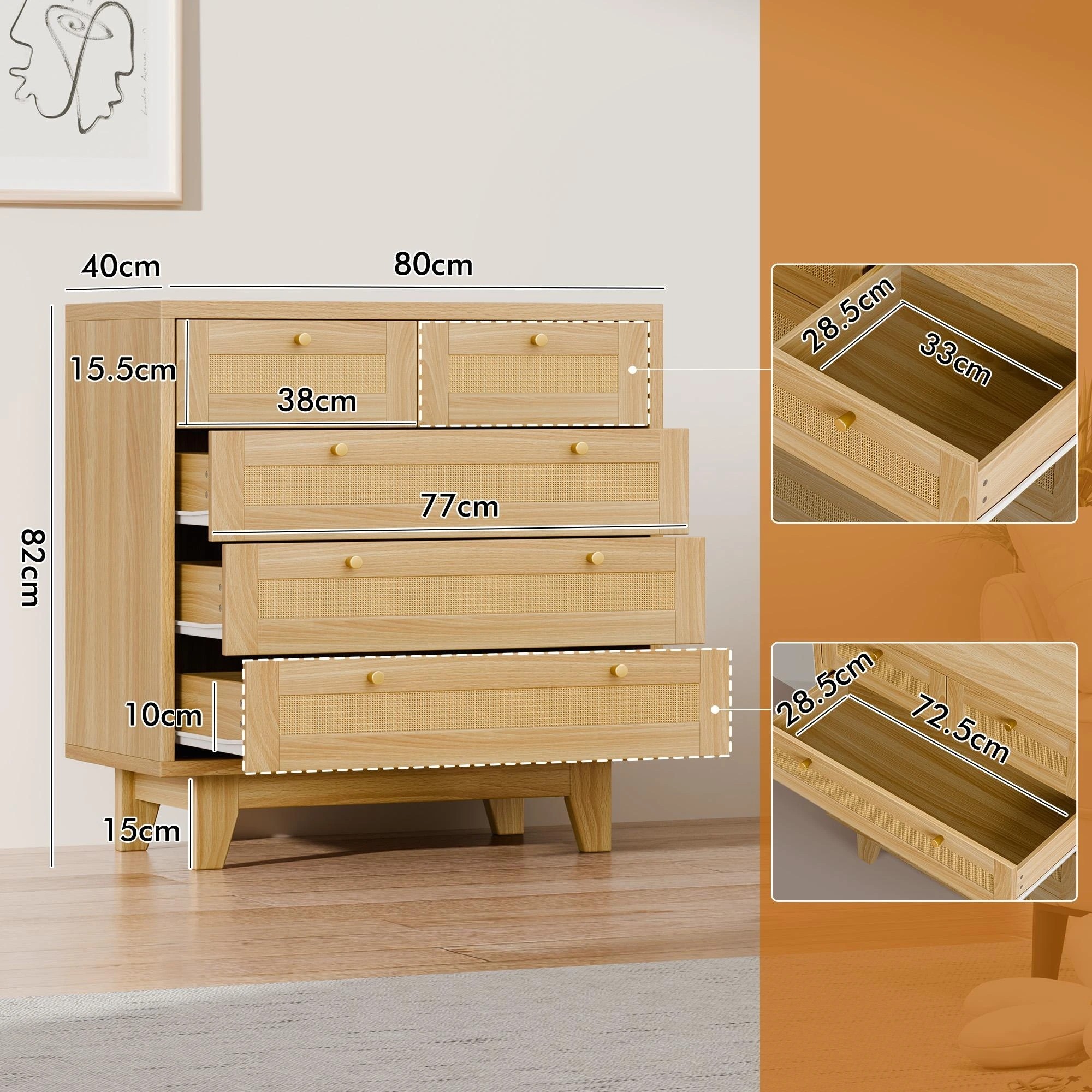 3 Alfordson 5 Chest of Drawers Rattan Storage Cabinet Dresser - Natural, 3 of 10