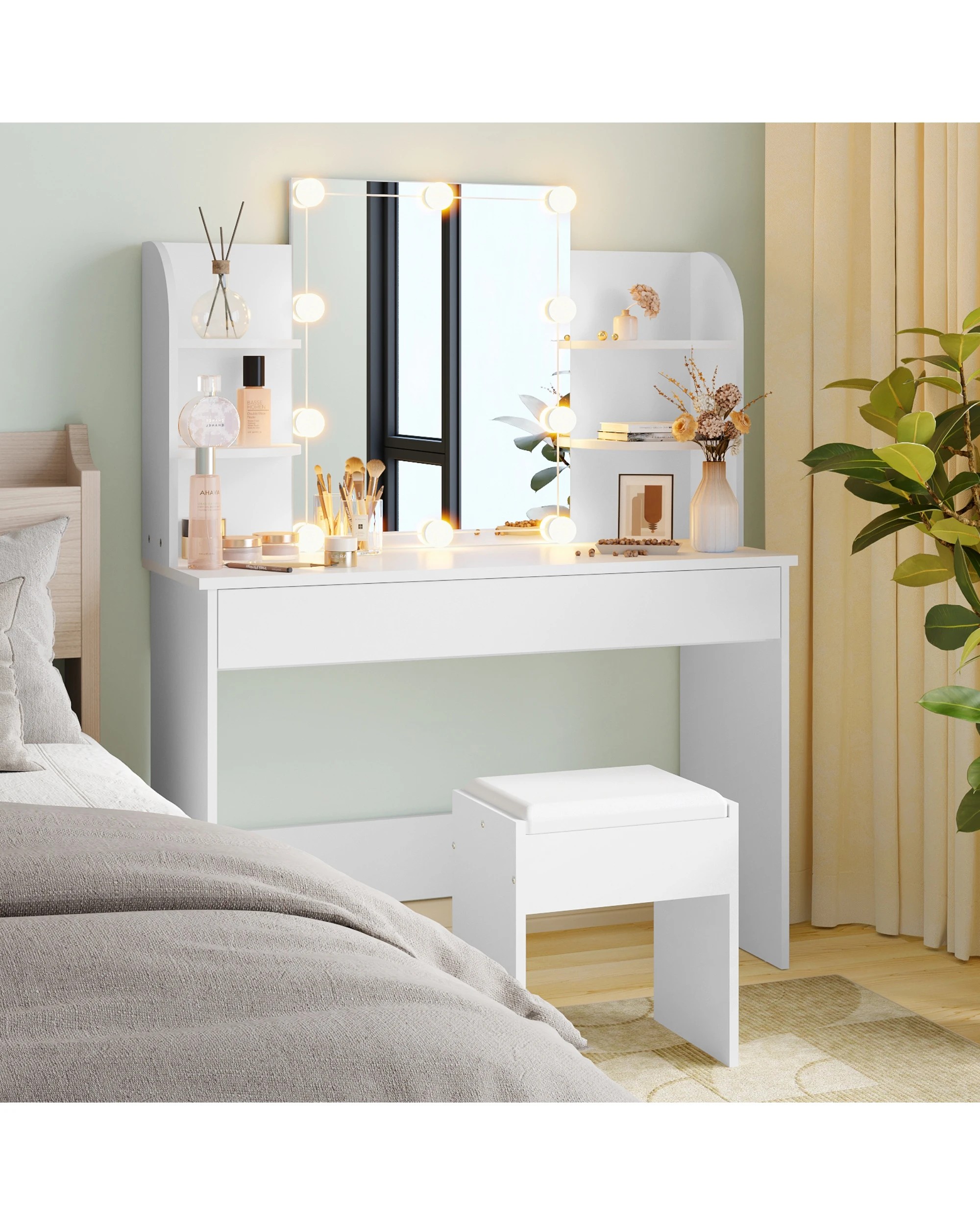 2 Advwin Dressing Table Stool Set 10 LED Lights Makeup Mirror Vanity Desk with Shelves Drawers Dresser, 2 of 8