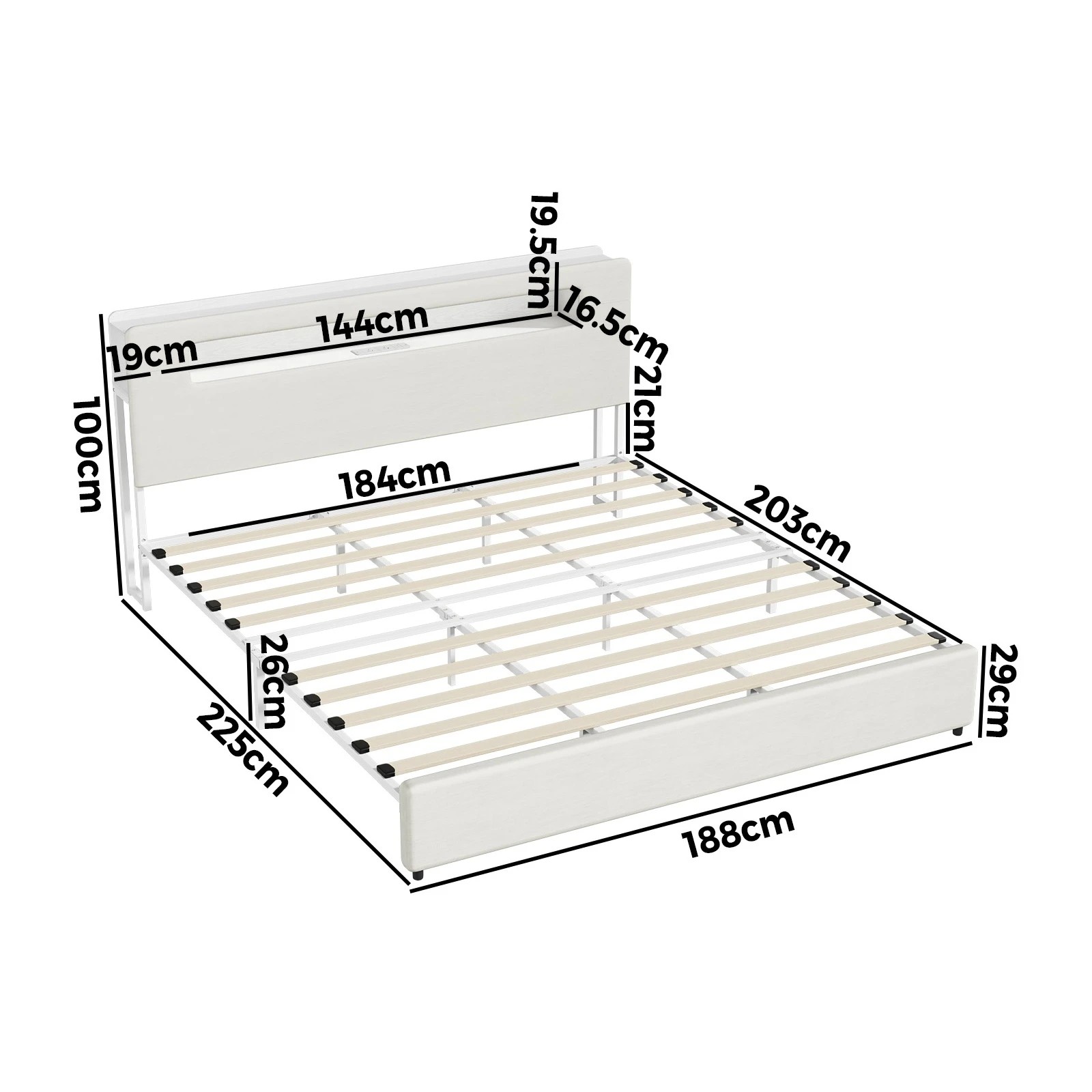 2 Oikiture Bed Frame King Size with LED Lights USB Charging Storage Headboad - White, 2 of 8