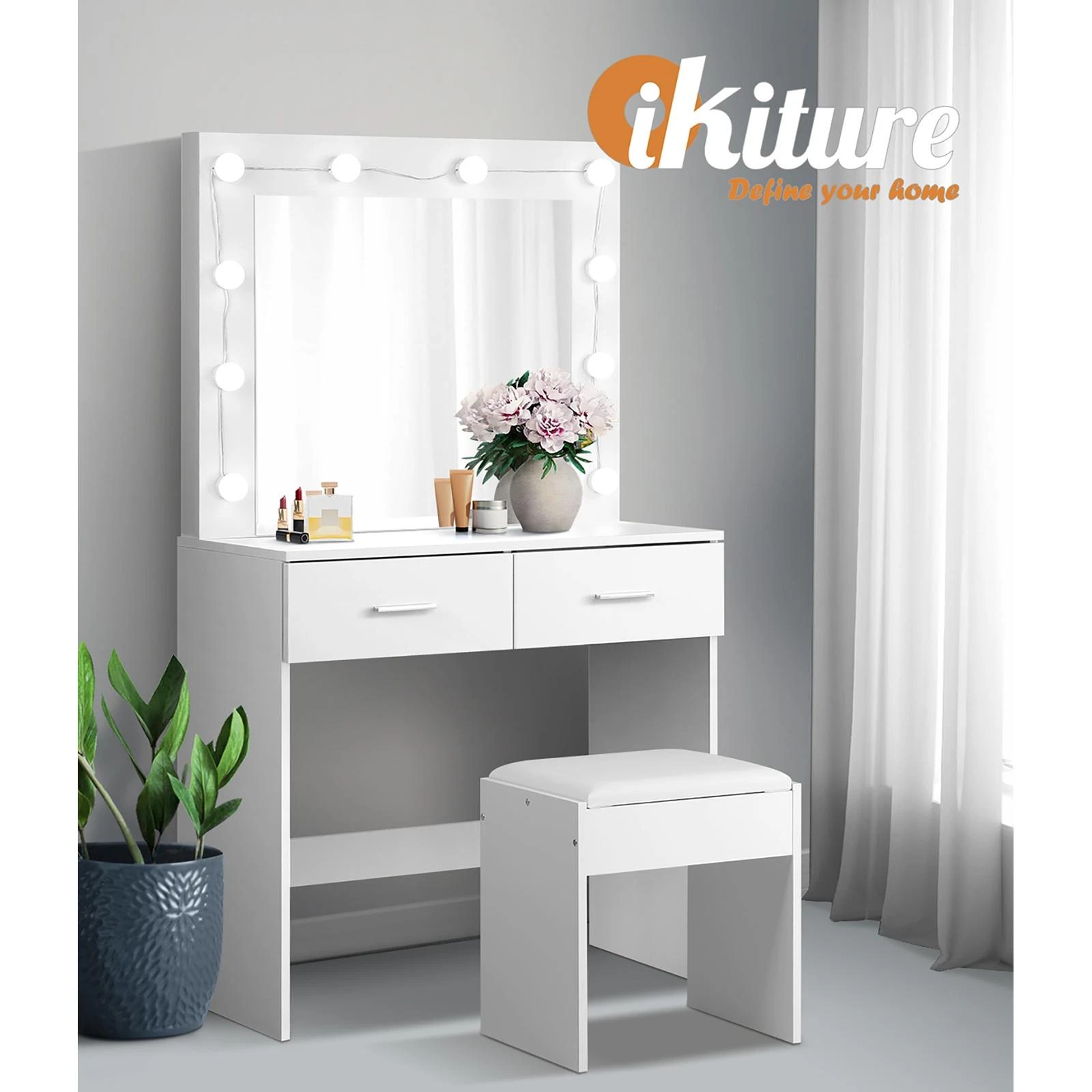 6 Oikiture Dressing Table Stool Set Makeup Mirror Storage Desk 10 Led Bulbs
 - White, 6 of 9