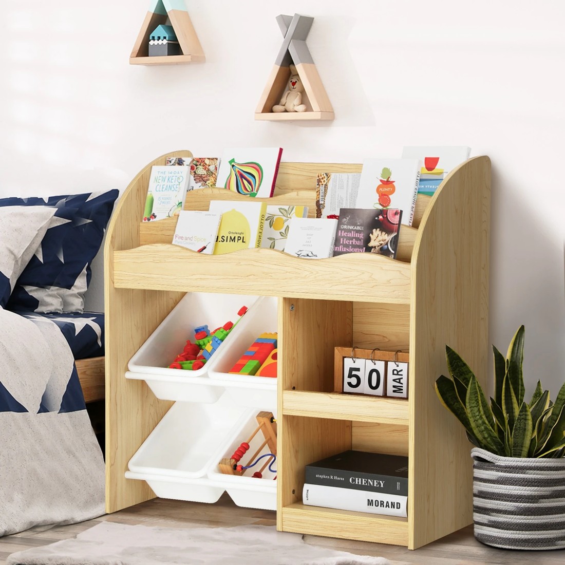 9 Oikiture Kids Bookshelf 4 Bins Toy Box Storage Organiser Display Shelf
 - Natural, 9 of 10
