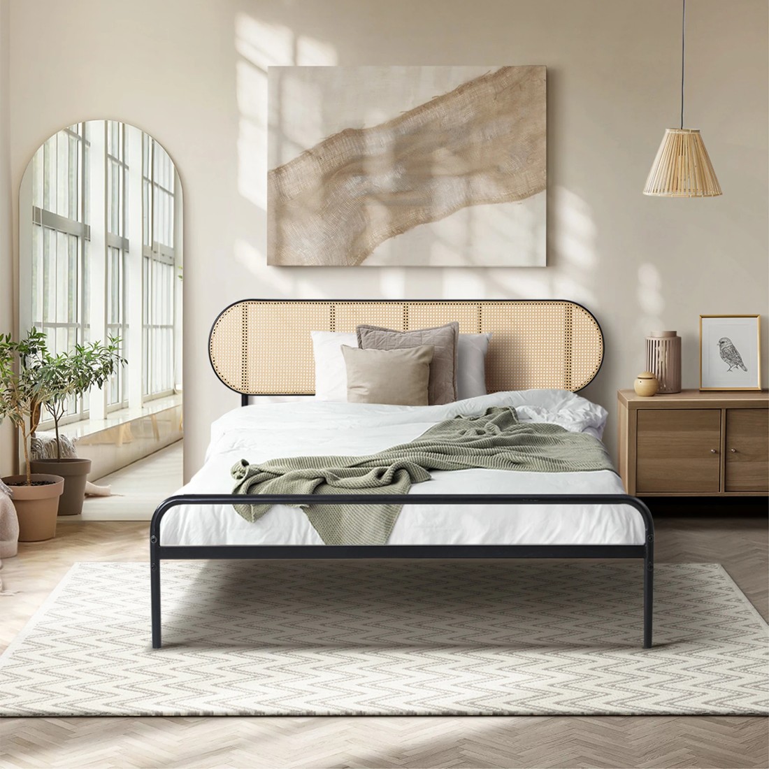 3 Oikiture Bed Frame Single Size Metal Base Platform With Rattan Headboard
 - Black, 3 of 9